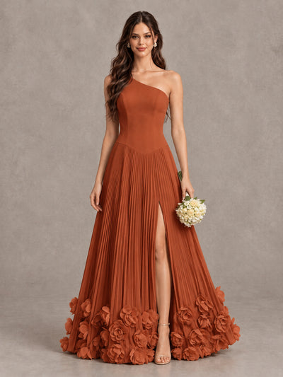 BOLODOO Burnt Orange One Shoulder Pleated Bridesmaid Dress with 3D Floral Hem and High Slit - Burnt Orange - Burnt Orange (1)