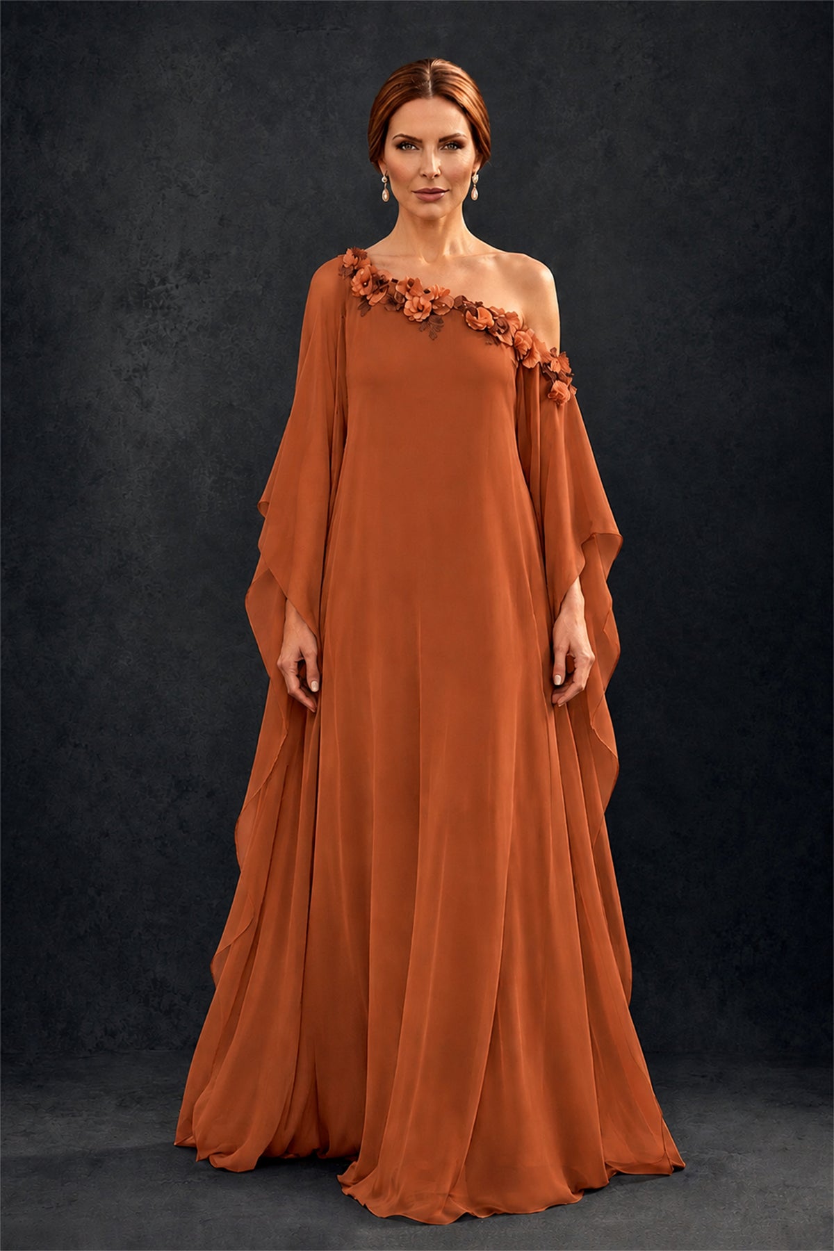 BOLODOO Burnt Orange 2-Piece Set: Off-Shoulder 3D Floral Cape Gown & One-Shoulder Wide-Leg Jumpsuit | BD0373 - Burnt Orange
