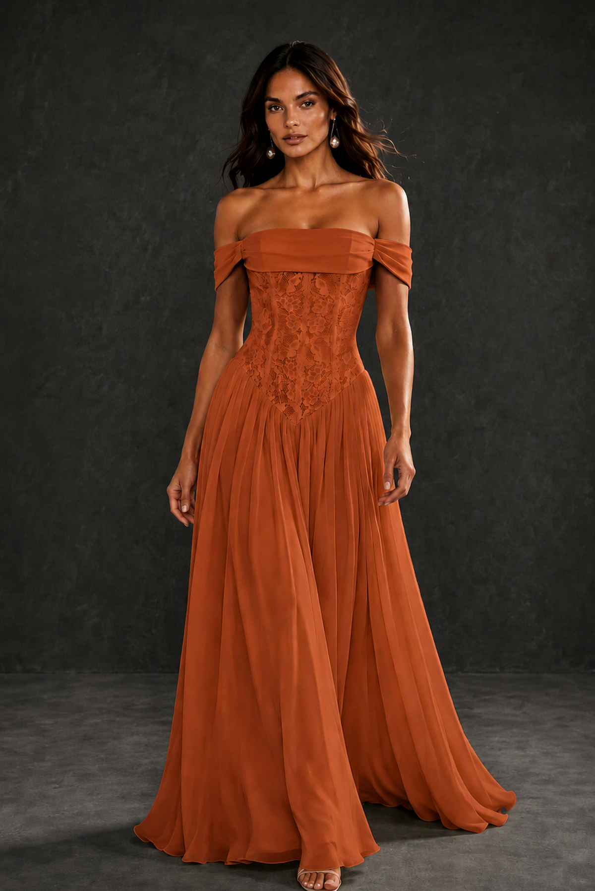 BOLODOO Burnt Orange Off-Shoulder Lace Corset Tulle Maxi Dress - Burnt Orange