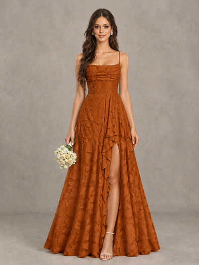 BOLODOO Burnt Orange Floral Appliqué Slit Maxi Dress - Burnt Orange - Burnt Orange (1)