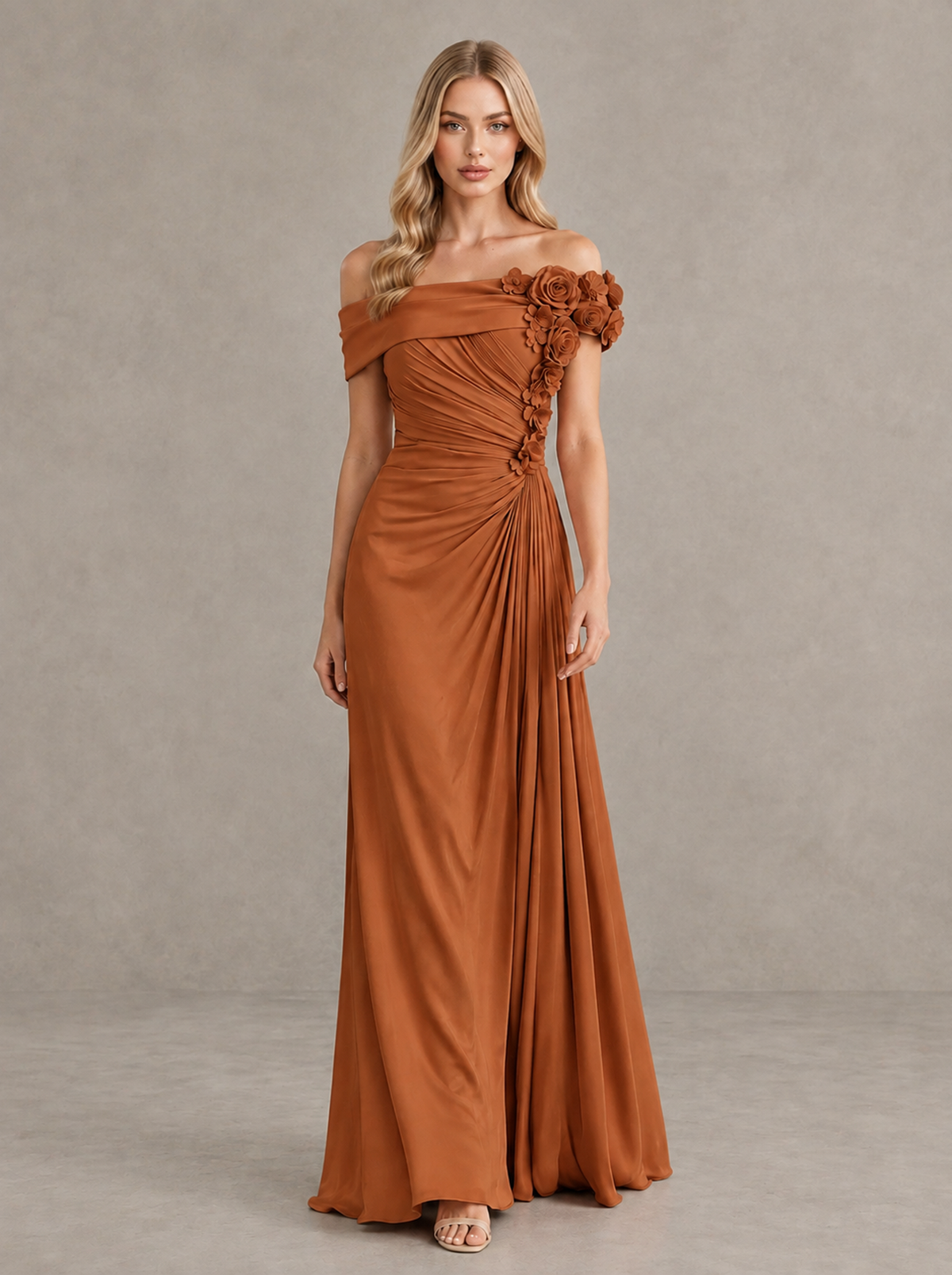 BOLODOO Burnt Orange Off-Shoulder Floral Applique Wedding Guest Maxi Dress - Burnt Orange - Burnt Orange (1)