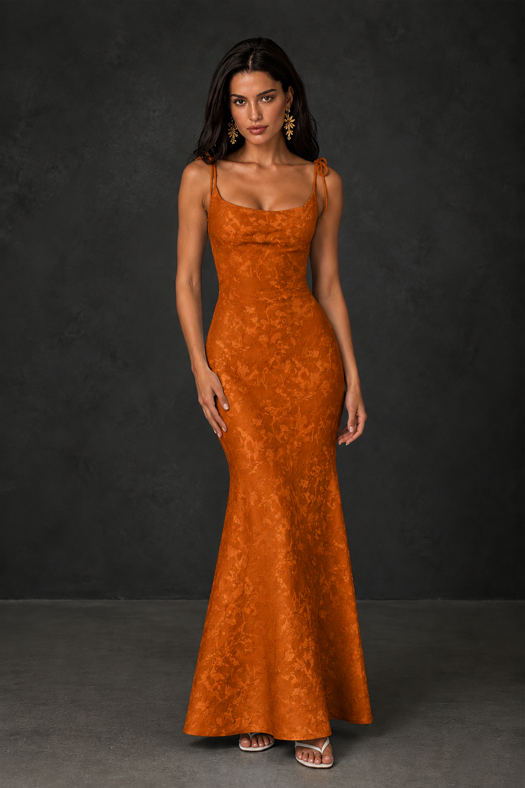 BOLODOO Burnt Orange Scoop Neck Tie Strap Lace-Up Back Floral Jacquard Mermaid Maxi Dress - Burnt Orange