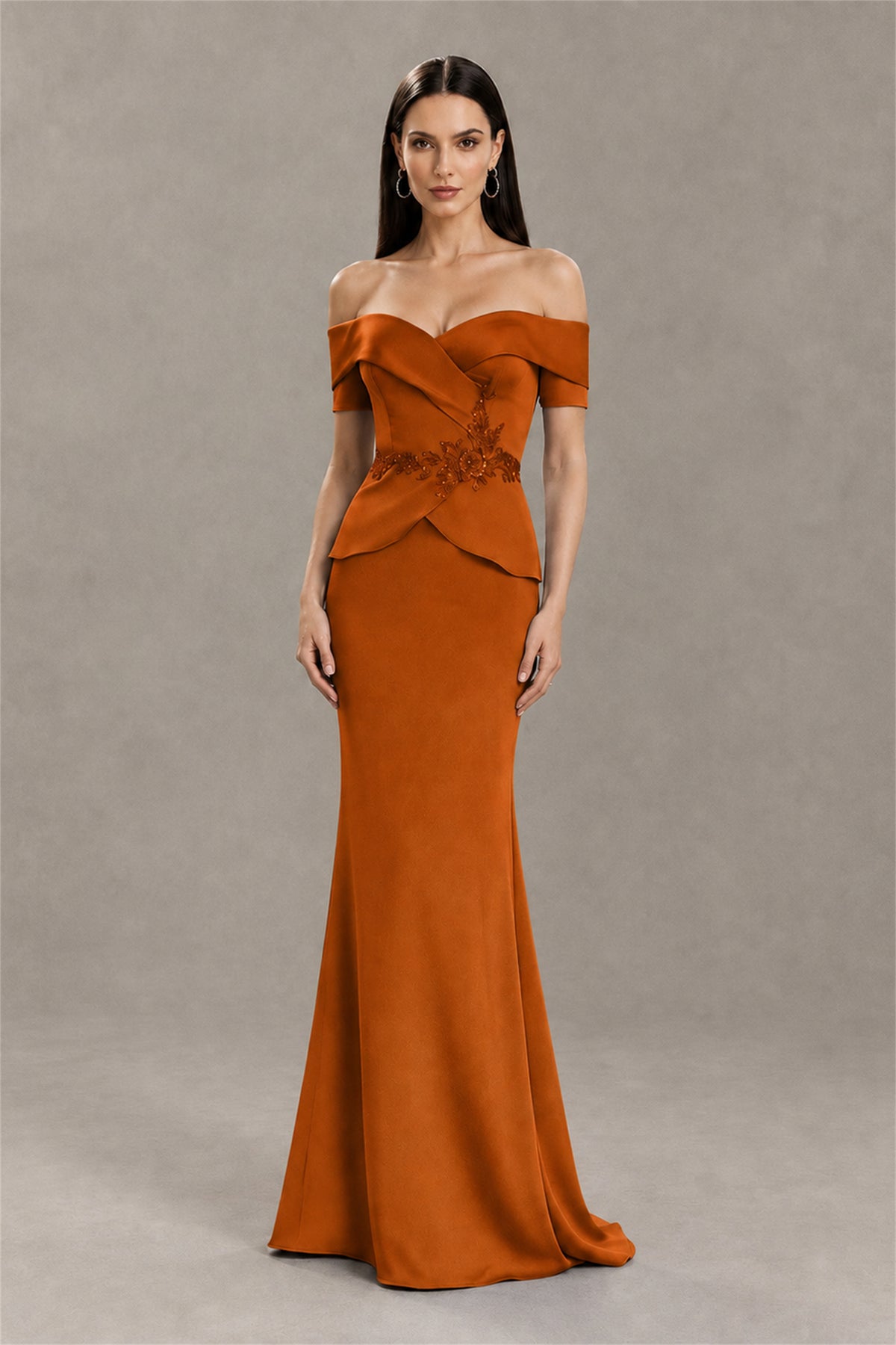 BOLODOO Burnt Orange Off-Shoulder Mermaid Mother of the Bride Dress - Burnt Orange