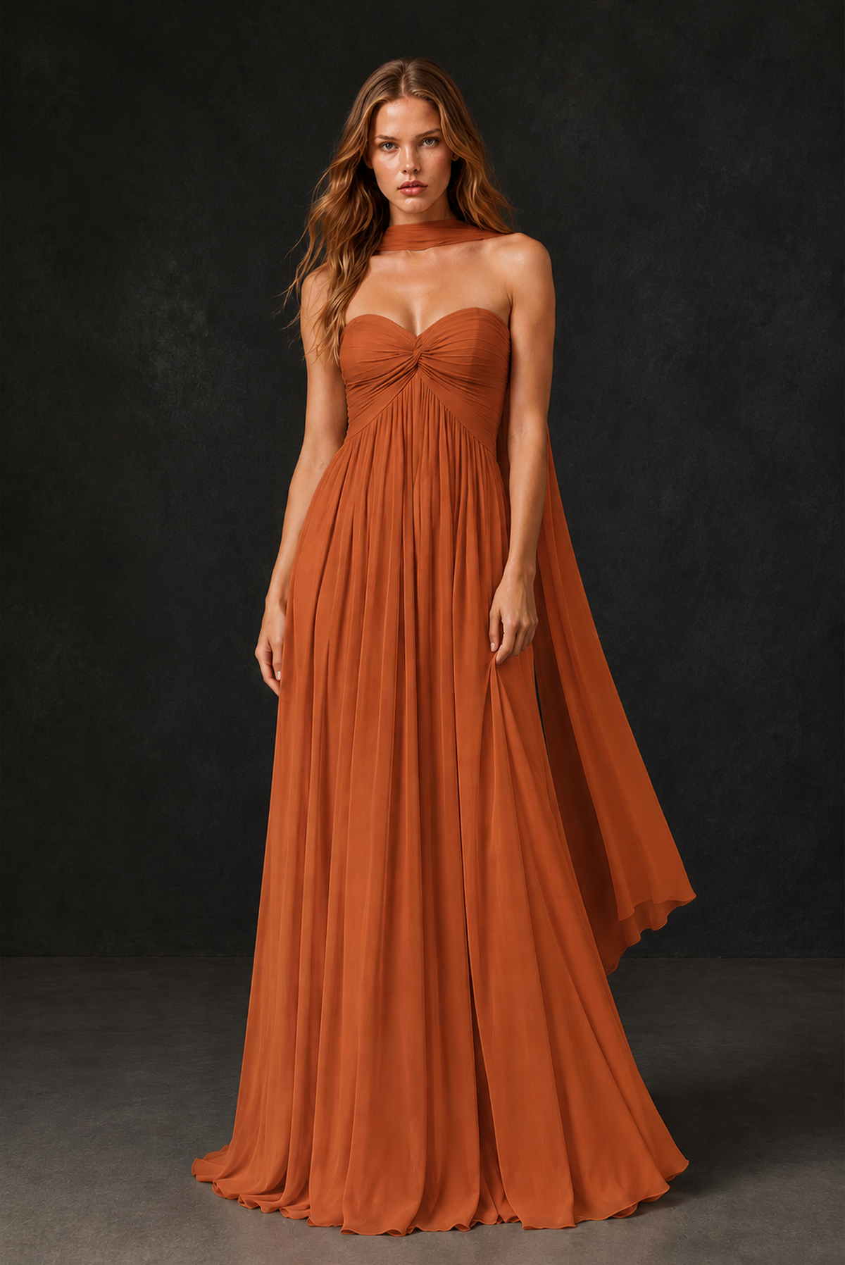 BOLODOO Burnt Orange Sweetheart Strapless Twist Knot Detached Halter Scarf Lace-Up Back Empire Waist Chiffon Maxi Dress - Burnt Orange