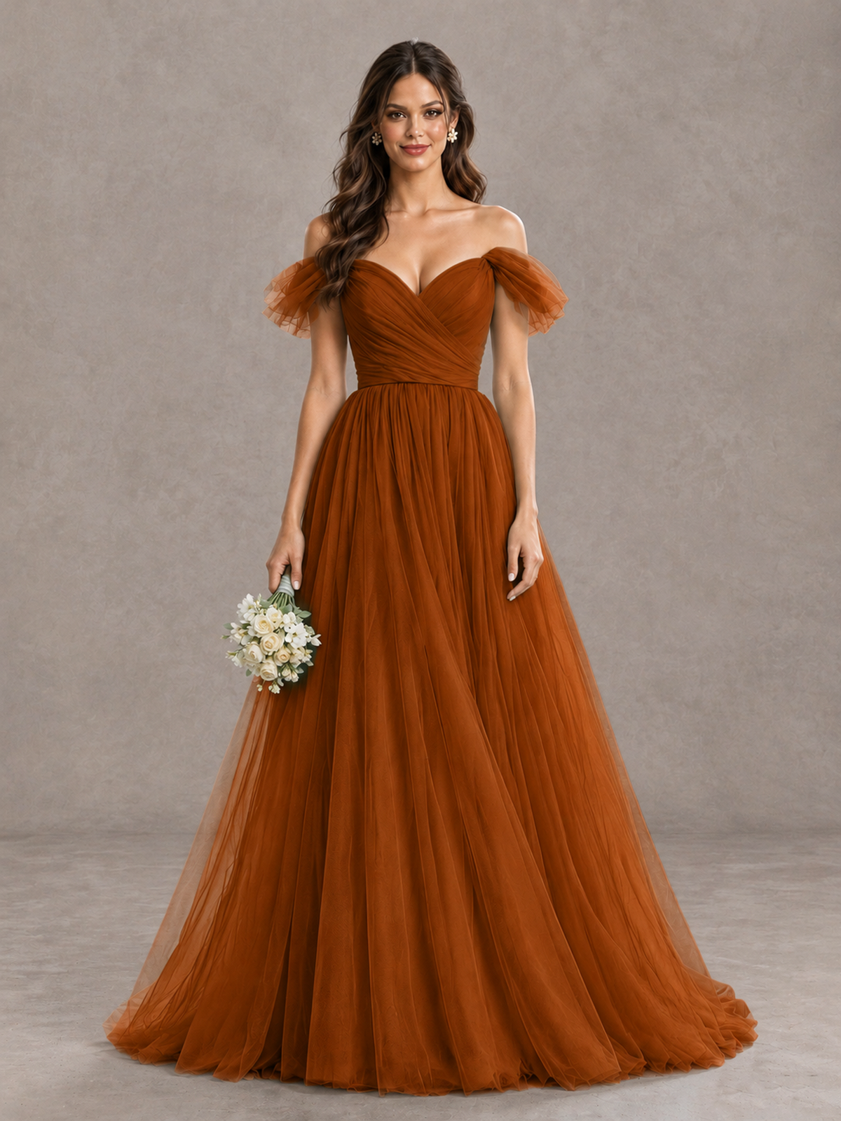 BOLODOO Burnt Orange Off-the-Shoulder Ruffle Sleeve A-Line Bridesmaid Dress - Burnt Orange - Burnt Orange (1)