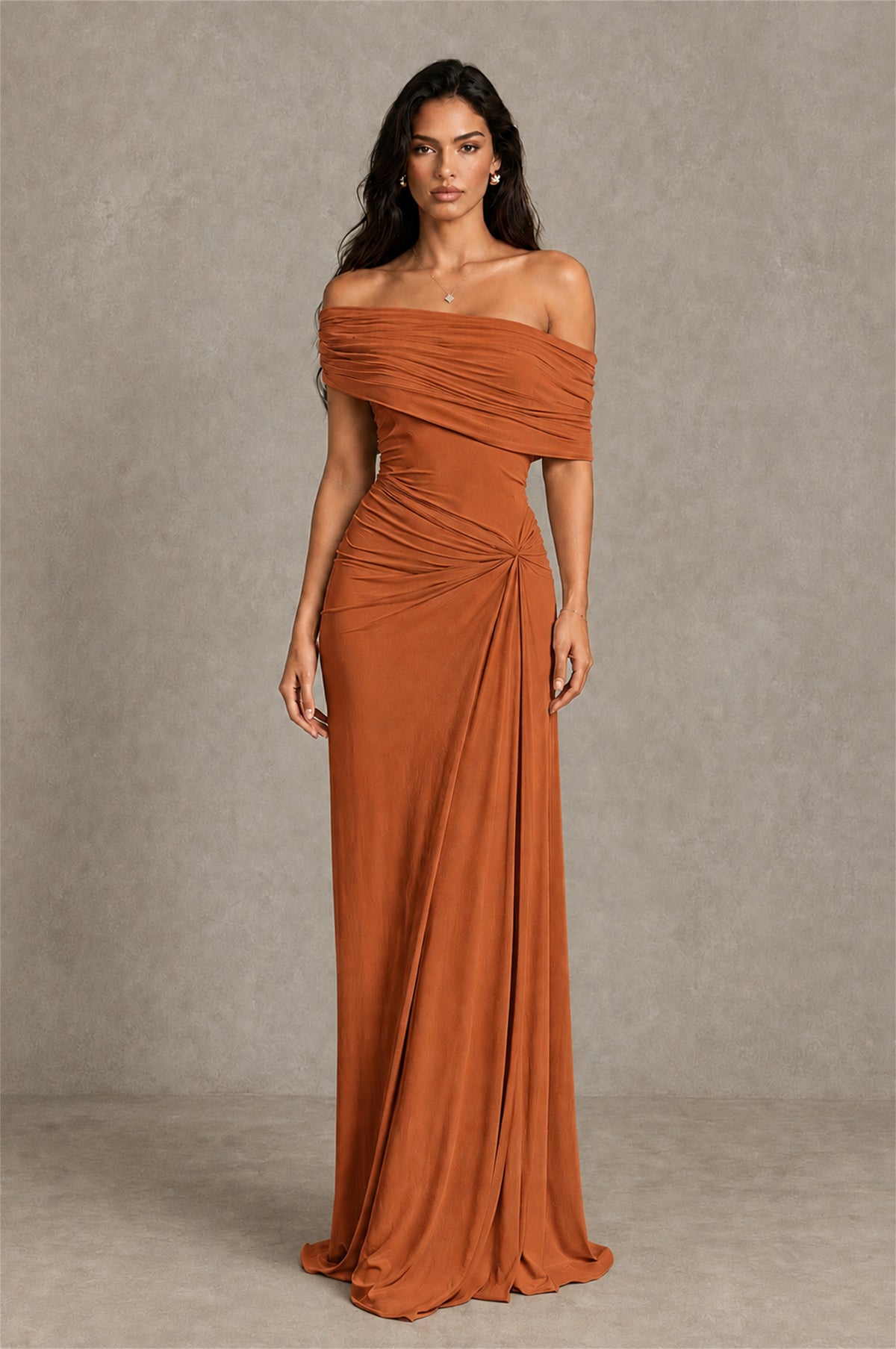 BOLODOO Burnt Orange Off-Shoulder Ruched Maxi Dress - Burnt Orange