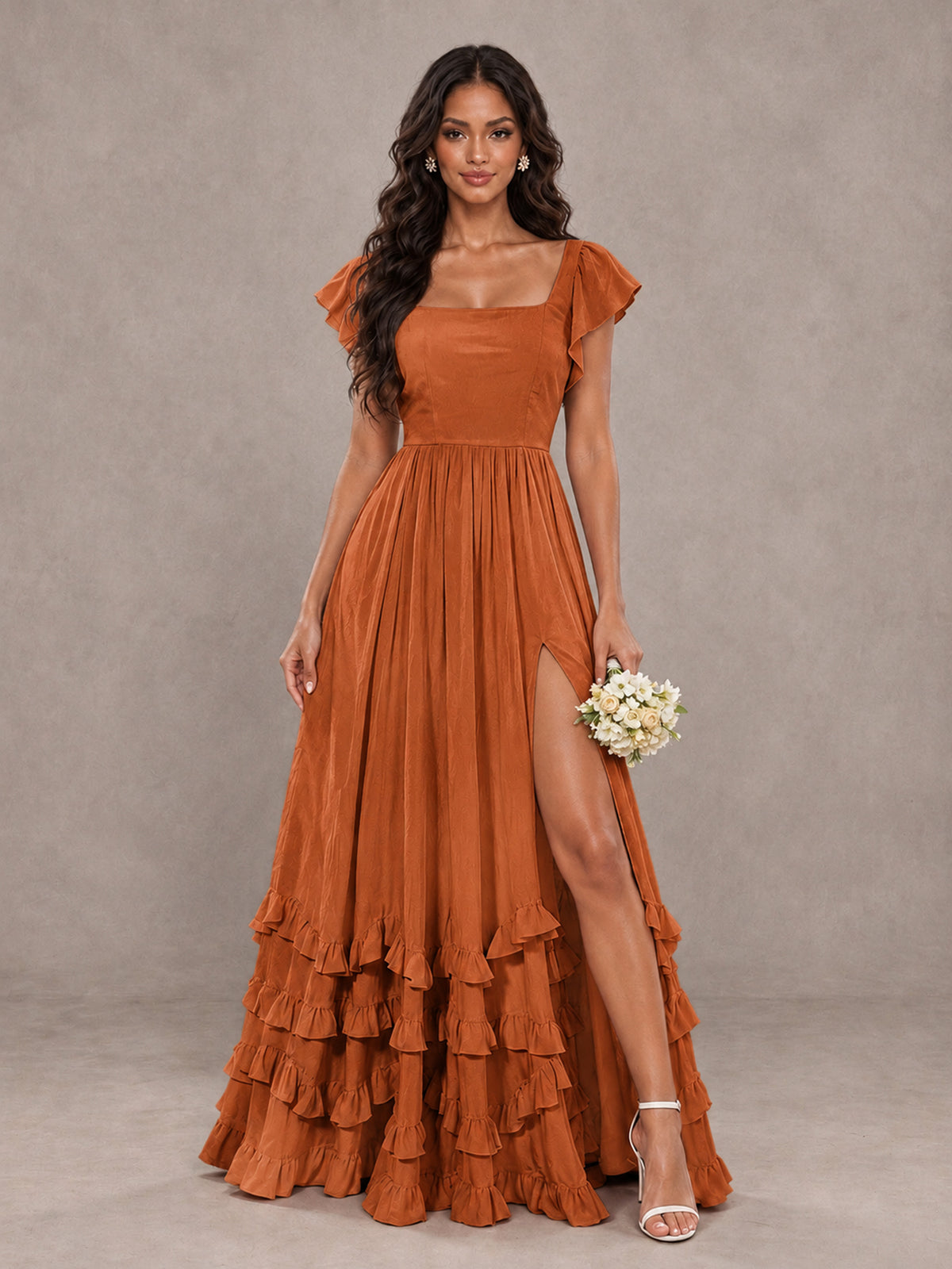 BOLODOO Burnt Orange Flutter Sleeve Ruffle Bridesmaid Dress with Slit - Burnt Orange - Burnt Orange (1)