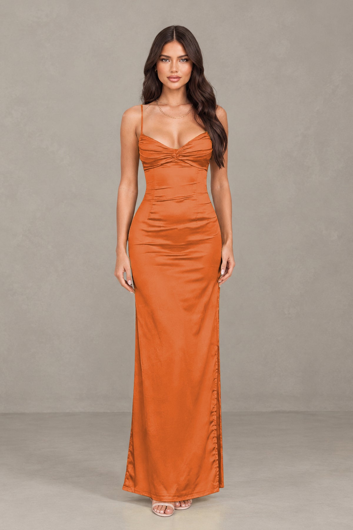 BOLODOO Burnt Orange Satin Cowl Neck Open Back Mermaid Maxi Dress with Side Slit - Burnt Orange