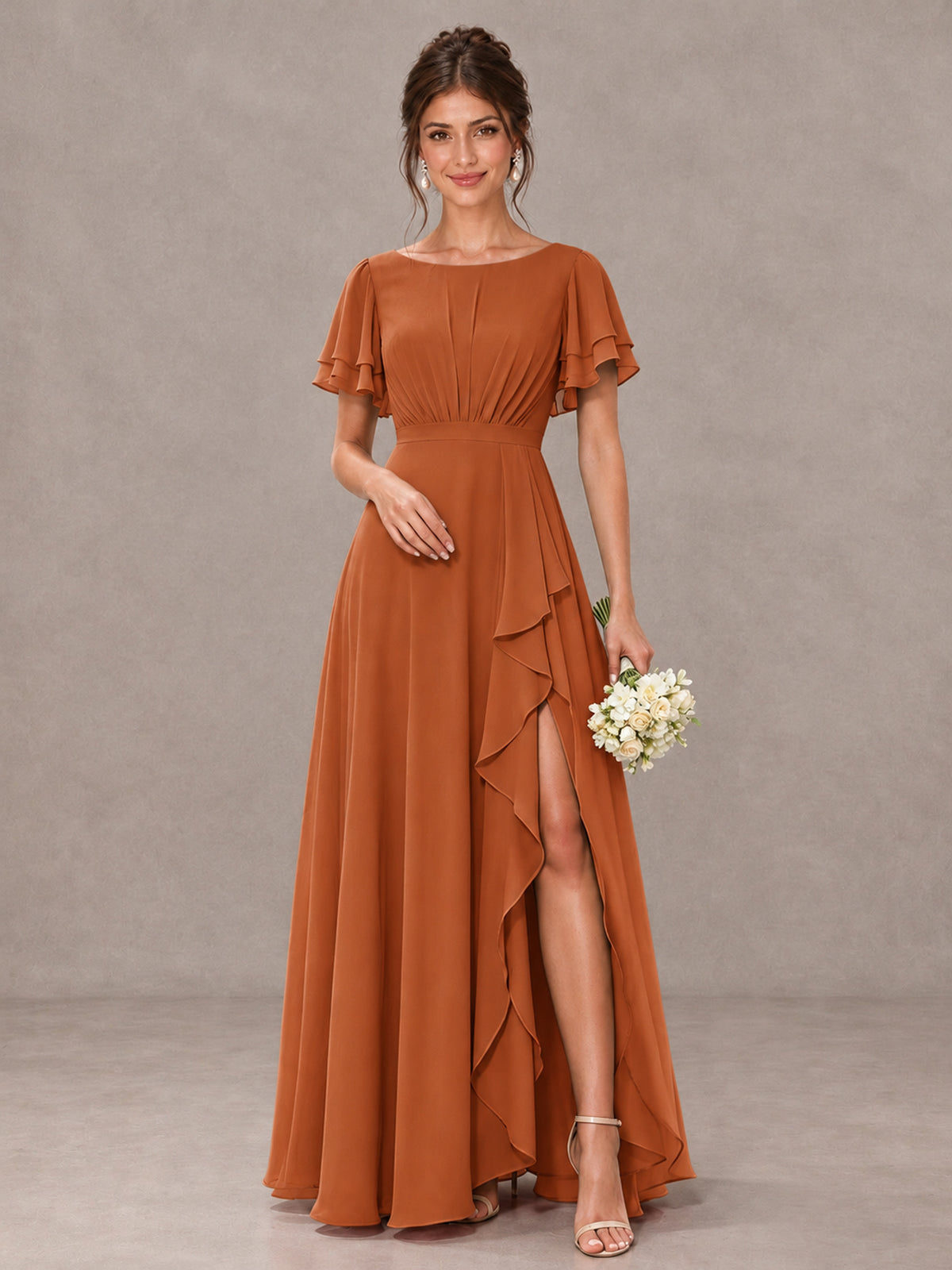 BOLODOO Burnt Orange Flutter Sleeve Ruffle Bridesmaid Dress with Slit - Burnt Orange - Burnt Orange (1)