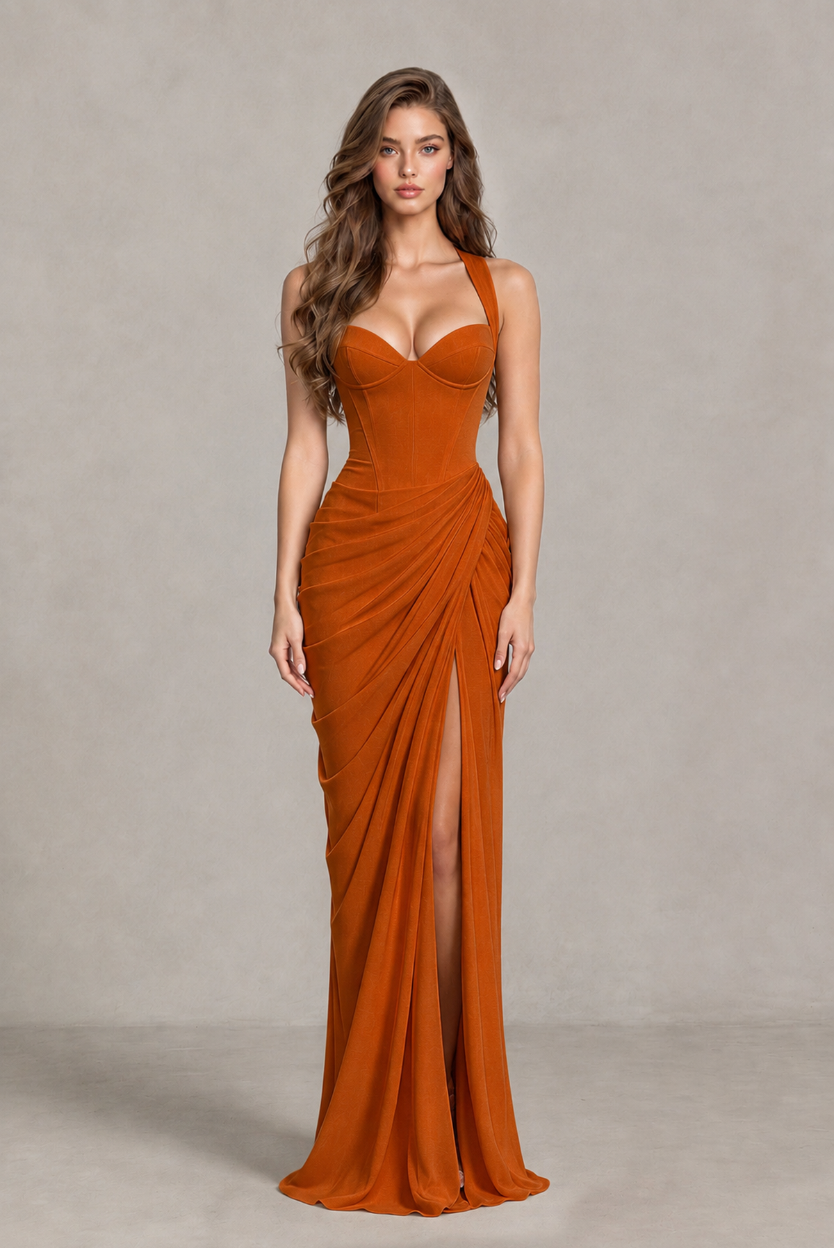 BOLODOO Chocolate Burnt Orange Sweetheart Maxi Dress with High Slit - Burnt Orange
