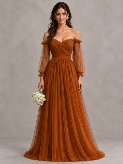 BOLODOO Burnt Orange Off-the-Shoulder Long Sleeve A-Line Bridesmaid Dress - Burnt Orange - Burnt Orange (1)