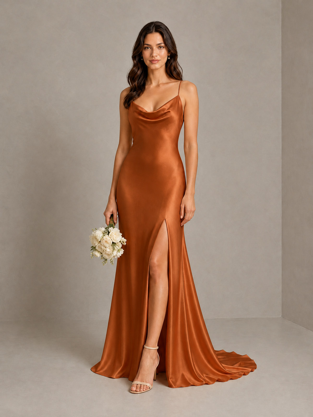 BOLODOO Burnt Orange Satin Cowl Neck Bridesmaid Dress with Open Back & Side Slit - Burnt Orange - Burnt Orange (1)