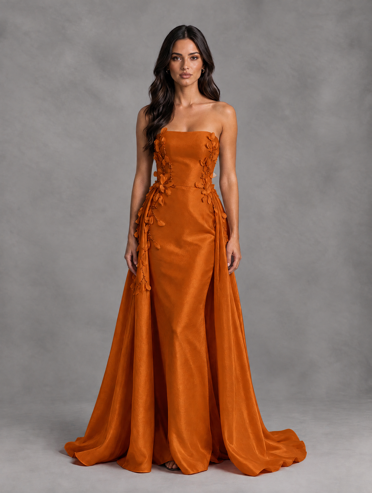 BOLODOO Burnt Orange Strapless Floral Applique Prom Dress with Overskirt - Burnt Orange - Burnt Orange (1)