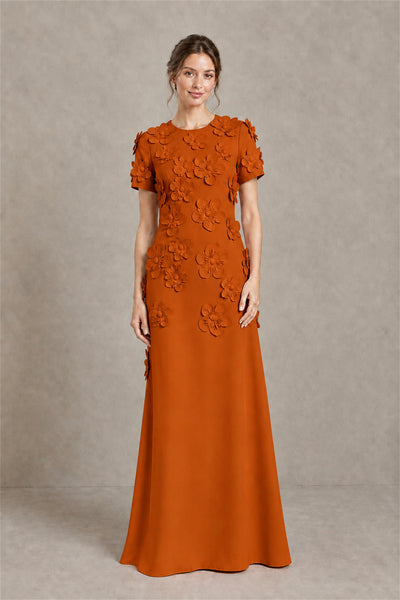 BOLODOO Burnt Orange Textured Floral Maxi Dress with Short Sleeves - Burnt Orange