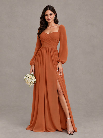 BOLODOO Burnt Orange Long Sleeve Chiffon Bridesmaid Dress with Slit - Burnt Orange - Burnt Orange (1)
