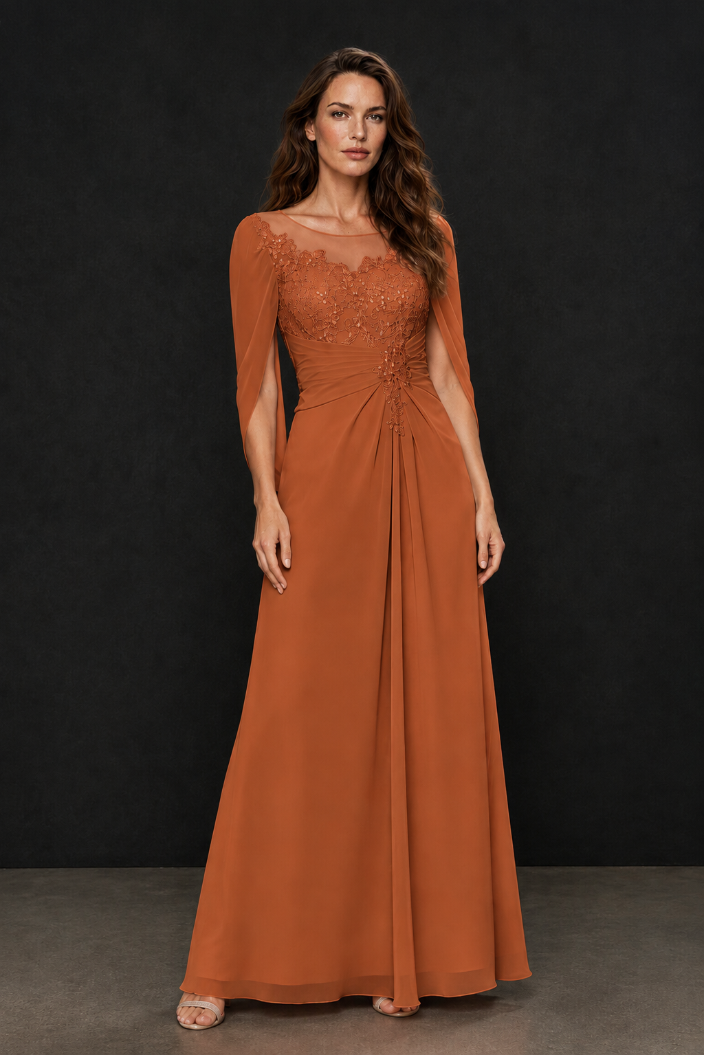 BOLODOO Burnt Orange Illusion Lace One-Side Cape Sleeve Beaded Chiffon Floor Length Gown | Mother of the Bride Evening Dress - Burnt Orange