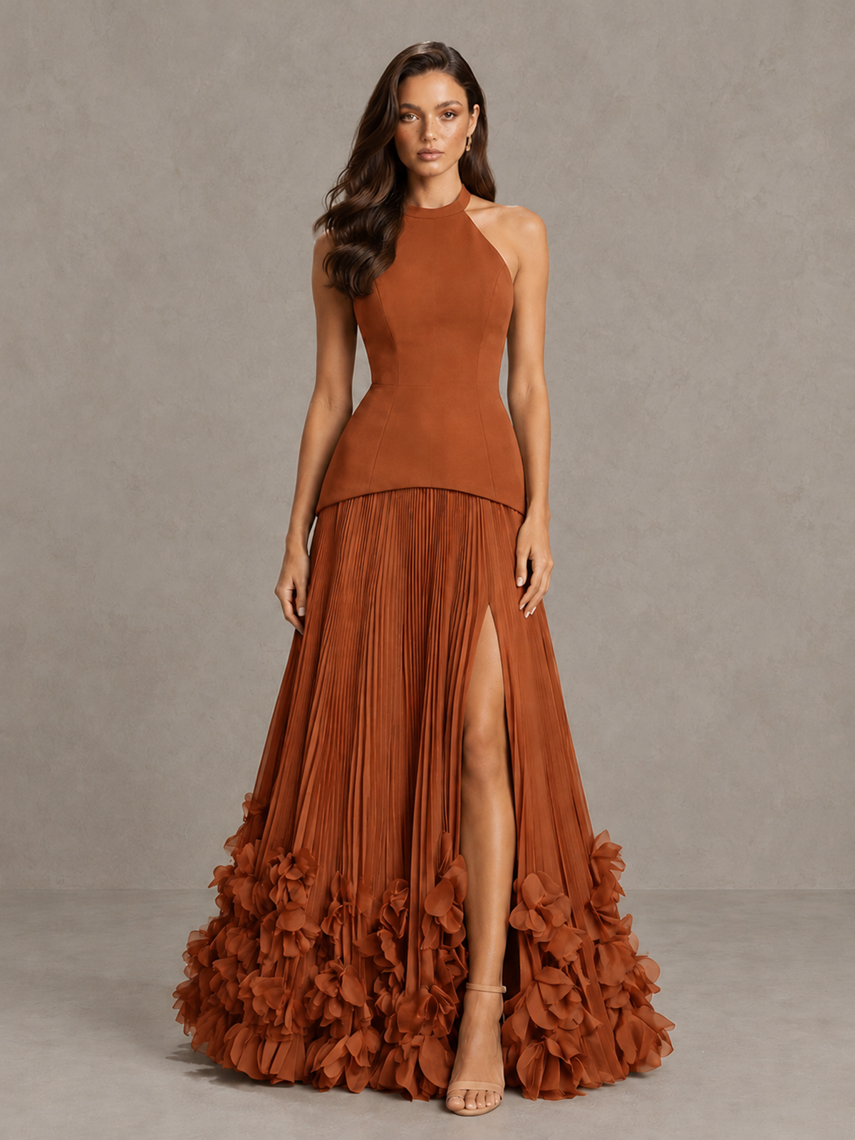 BOLODOO Burnt Orange Halter Neck Floor-Length Evening Gown with High Slit & 3D Floral Hem - Burnt Orange - Burnt Orange (1)