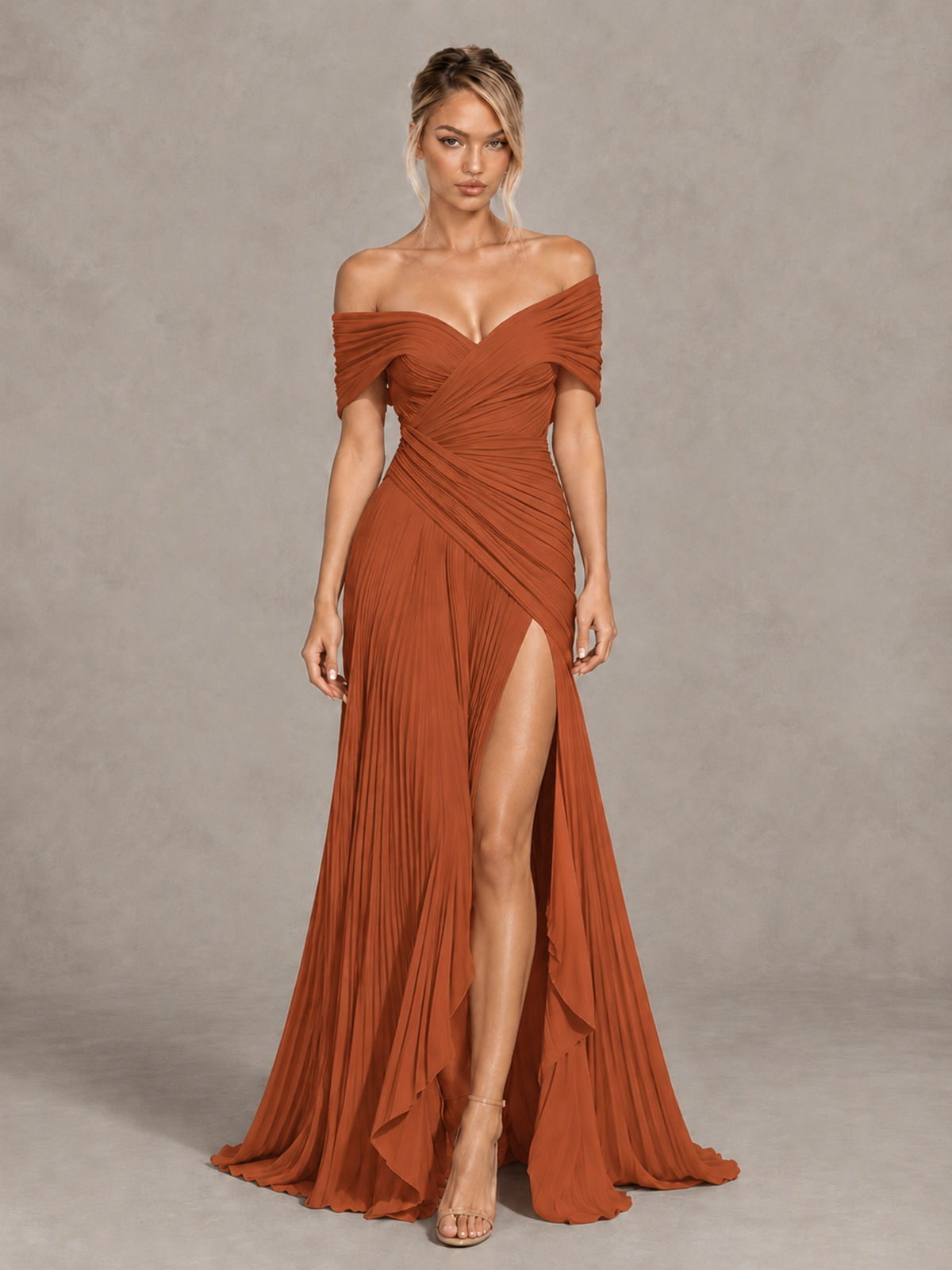 BOLODOO Burnt Orange Off-Shoulder Ruched Pleated Maxi Dress with High Slit - Burnt Orange - Burnt Orange (1)