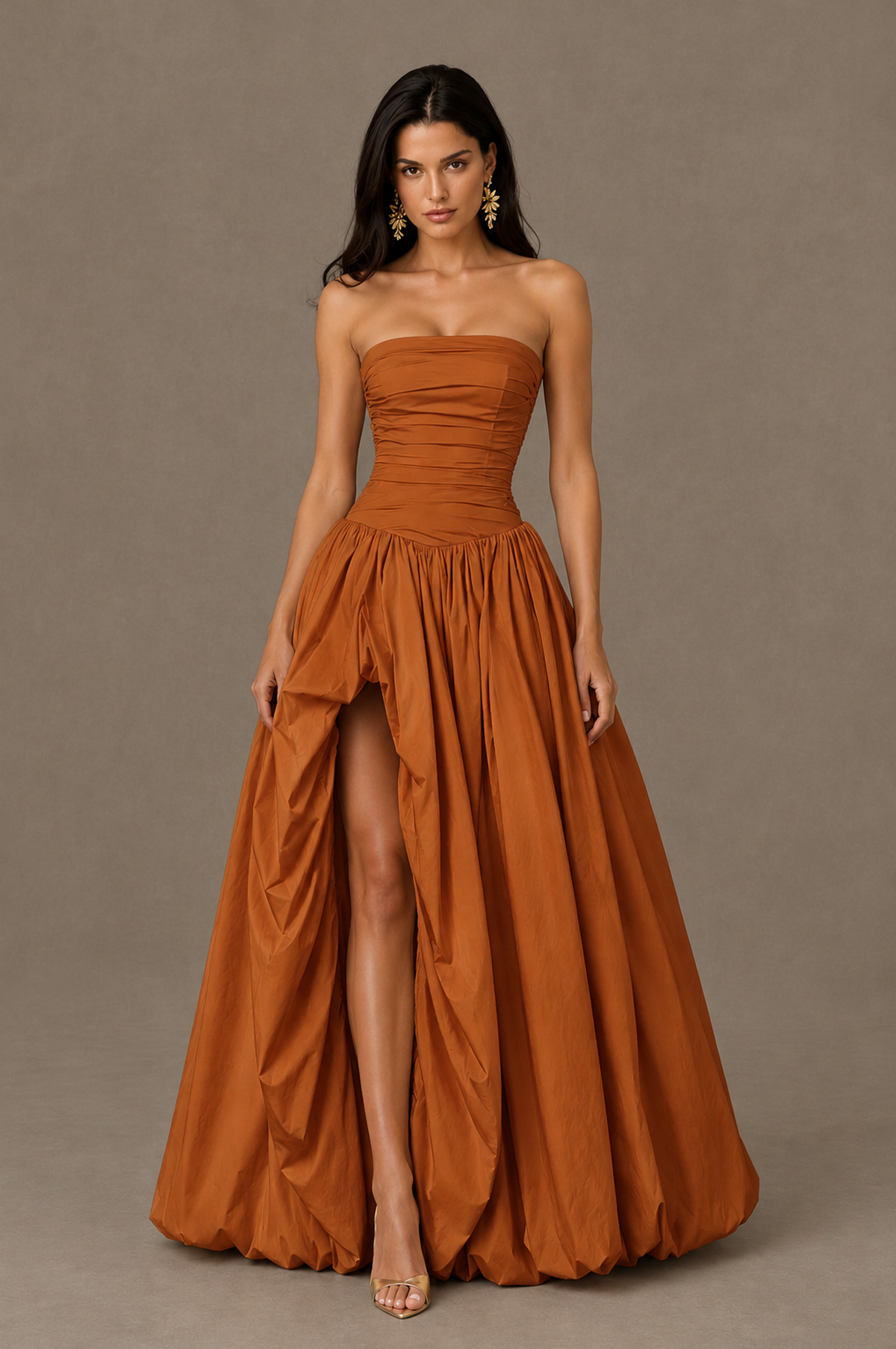 BOLODOO Burnt Orange Strapless Ruched Corset Lace-Up Back Bubble Skirt High Slit Taffeta Maxi Dress - Burnt Orange