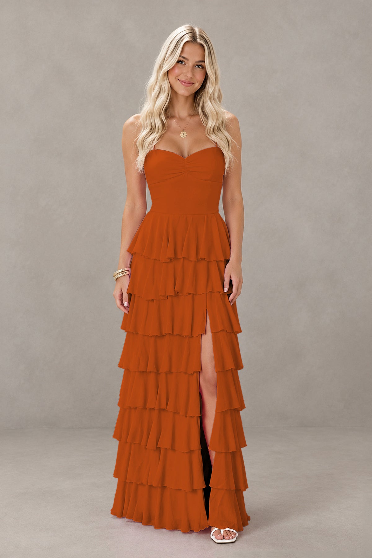 BOLODOO Burnt Orange Strapless Tiered Ruffle Maxi Dress with Slit & Lace-Up Back - Burnt Orange