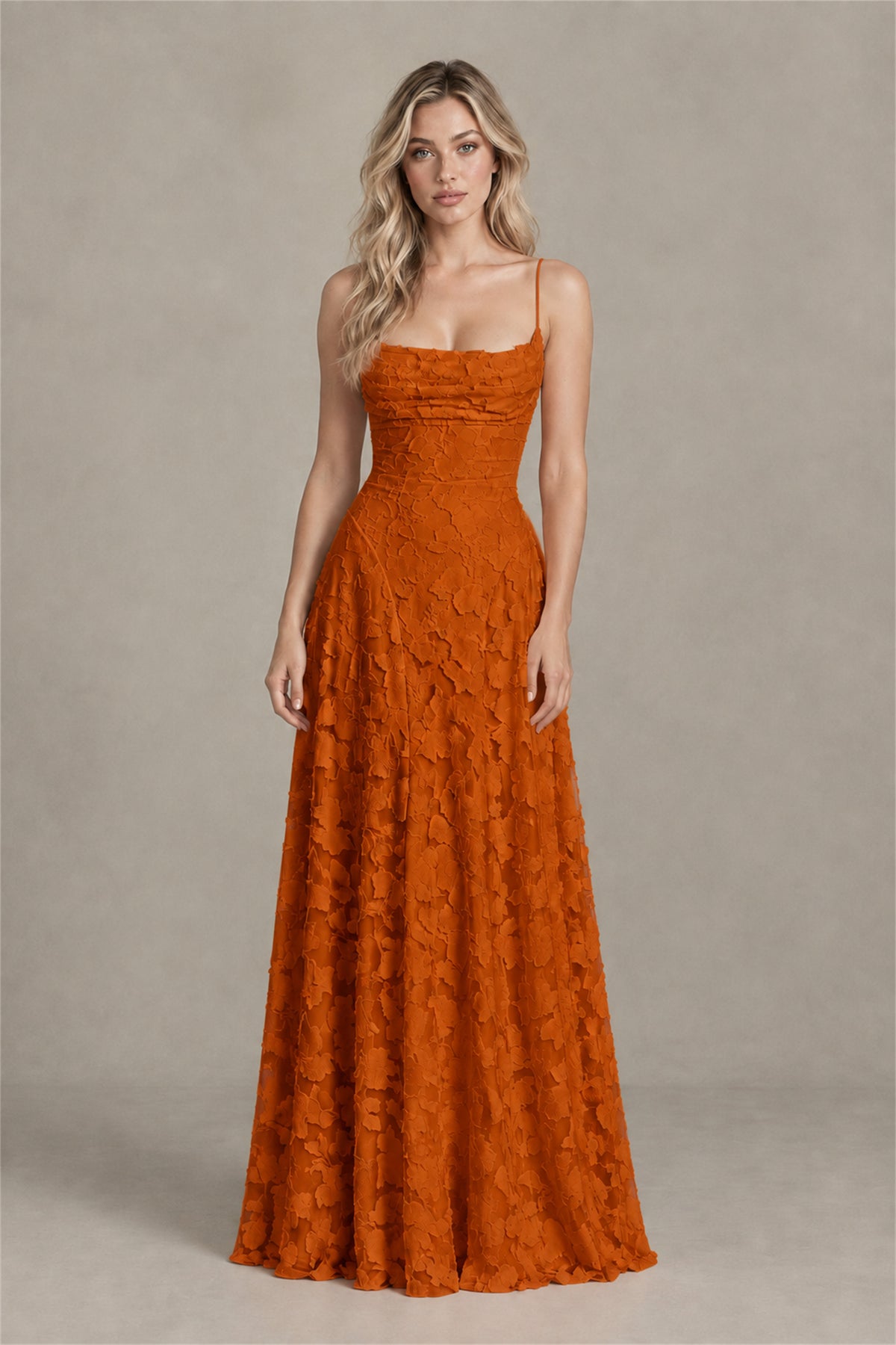 BOLODOO Burnt Orange Floral Appliqué Lace-Up Back Maxi Dress - Burnt Orange