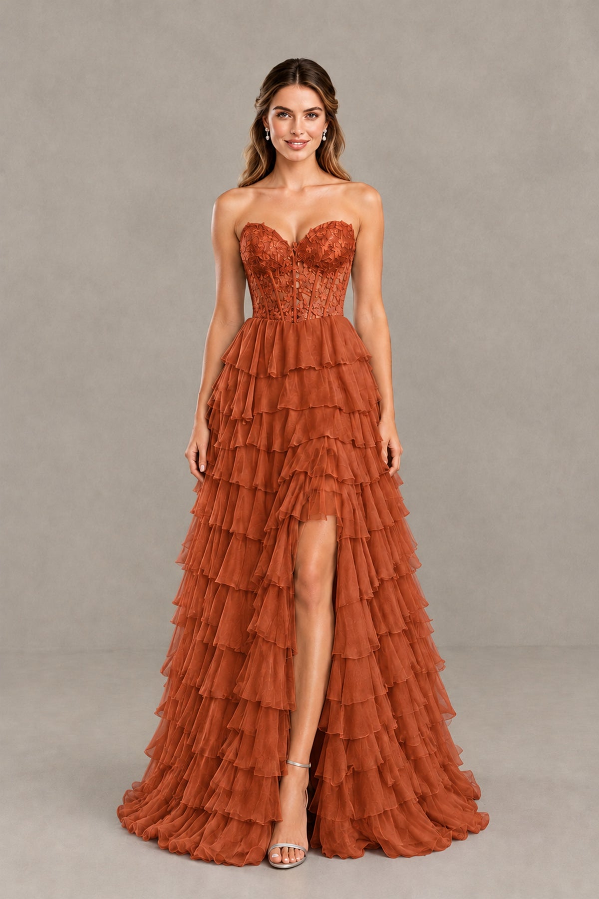 BOLODOO Burnt Orange Strapless Lace Corset Tiered Ruffle Prom Dress with Slit - Burnt Orange - Burnt Orange (1)