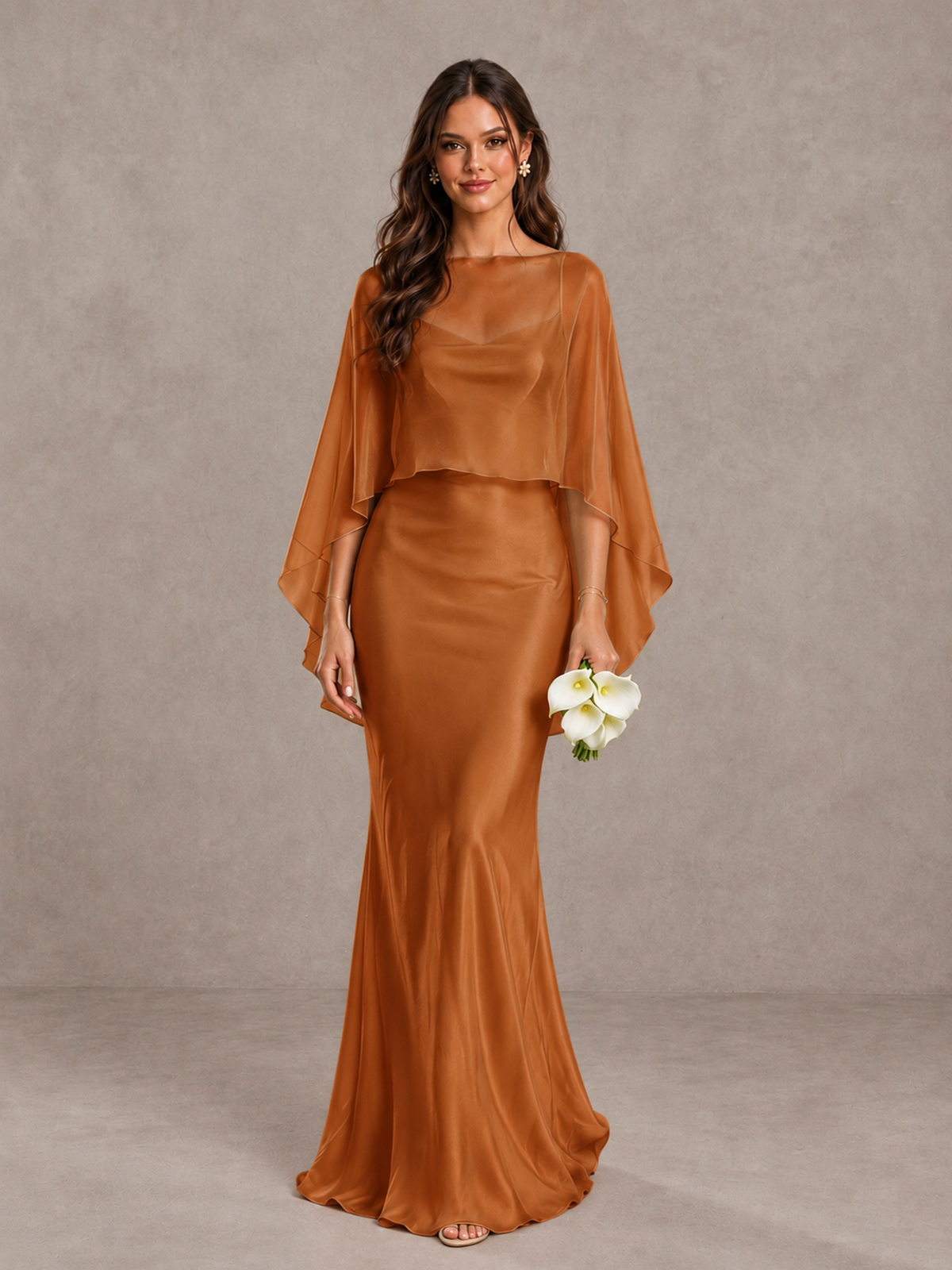 BOLODOO Burnt Orange Satin Mermaid Bridesmaid Dress with Chiffon Cape - Burnt Orange - Burnt Orange (1)