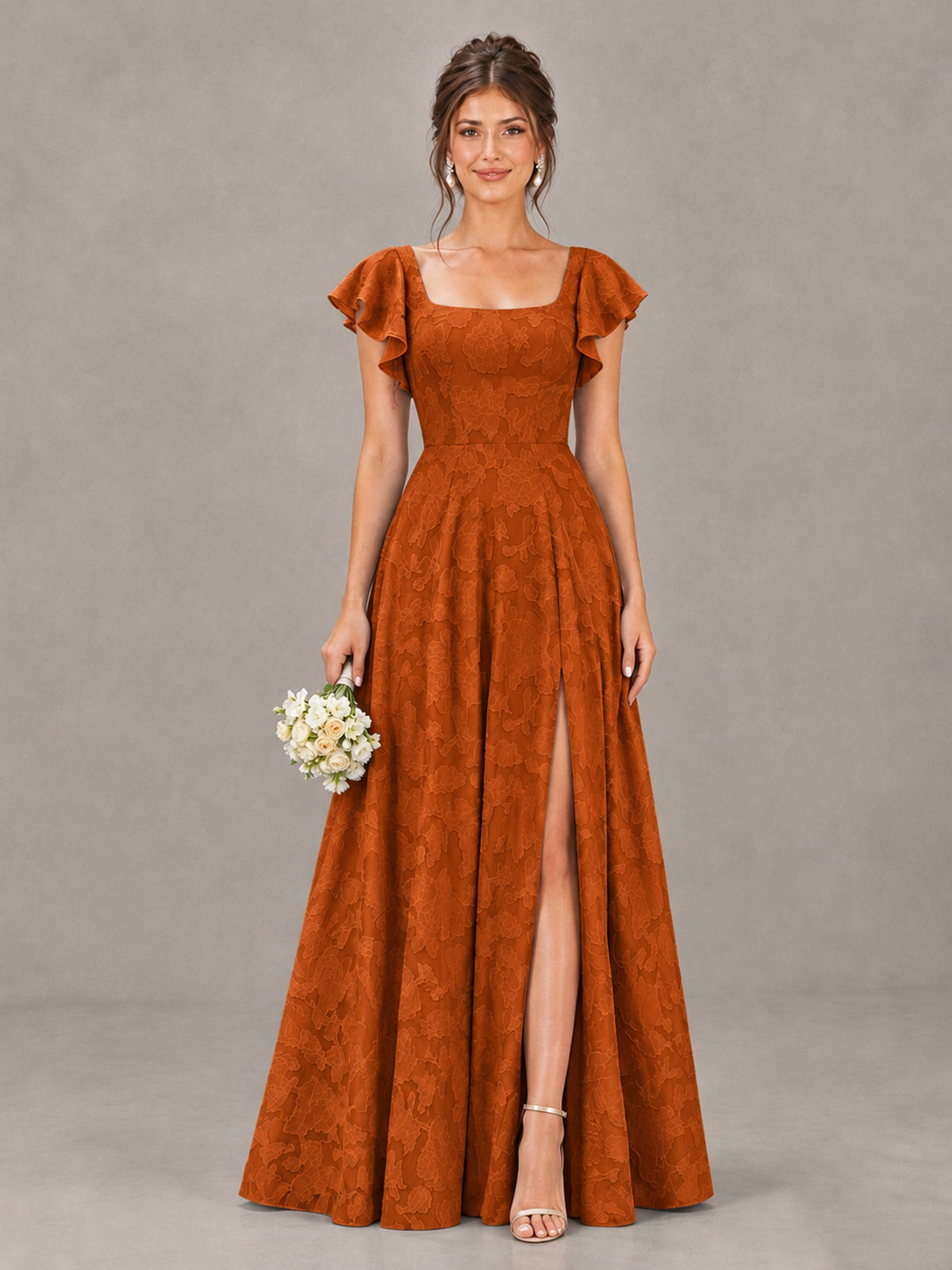 BOLODOO Burnt Orange Floral Flutter Sleeve Bridesmaid Dress with Slit - Burnt Orange - Burnt Orange (1)