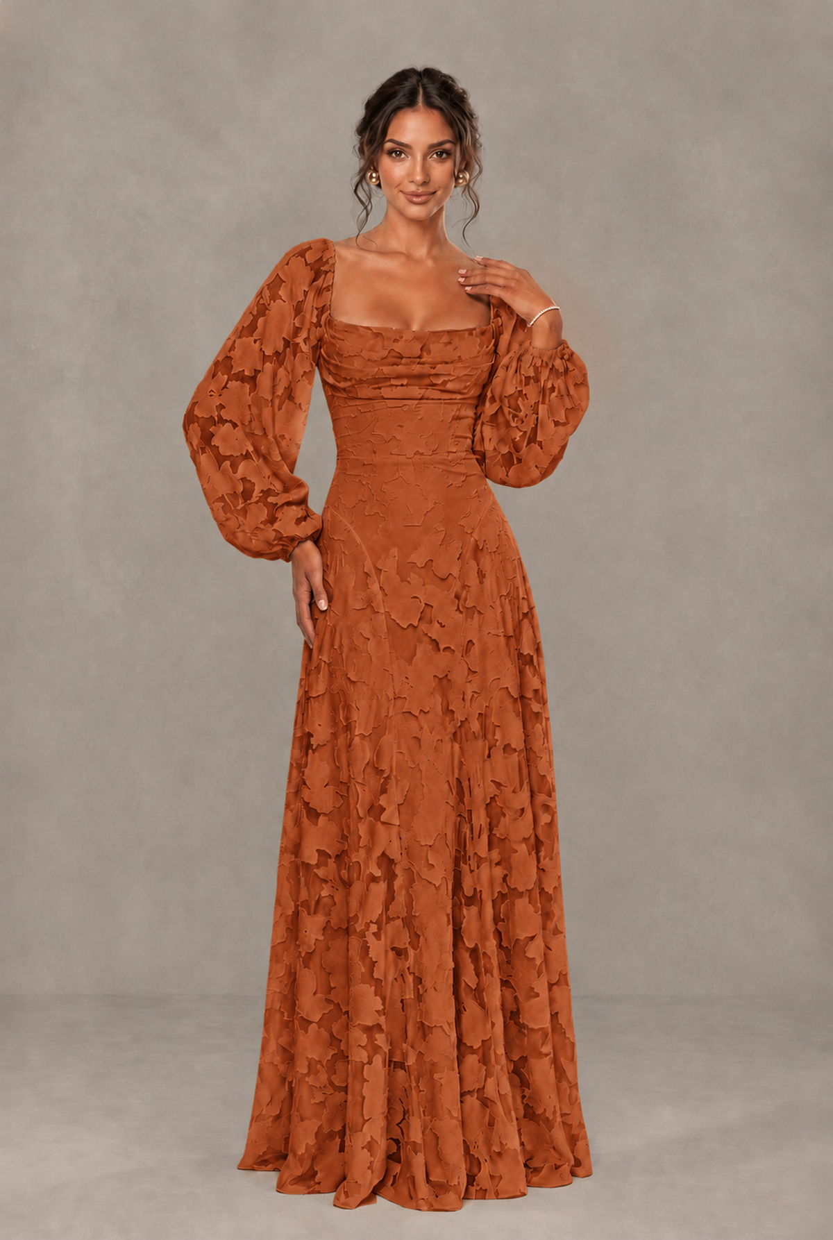 BOLODOO Floral Burnt Orange Long Sleeve A-Line Dress with Lace-Up Back - Burnt Orange