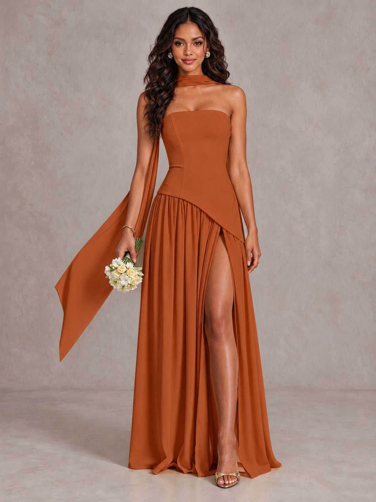 Burnt Orange Strapless Bridesmaid Dress with Scarf & High Slit - Burnt Orange - Burnt Orange (1)