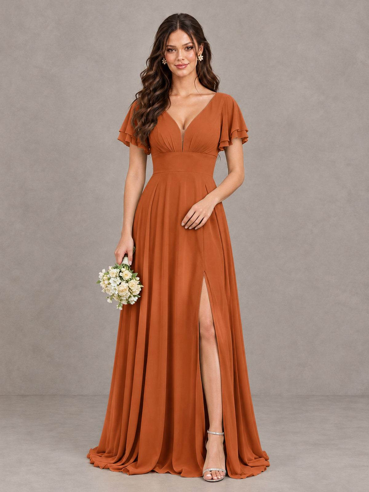 BOLODOO Burnt Orange Flutter Sleeve Chiffon A-Line Maxi Bridesmaid Dress with Open Back & Slit - Burnt Orange - Burnt Orange (1)