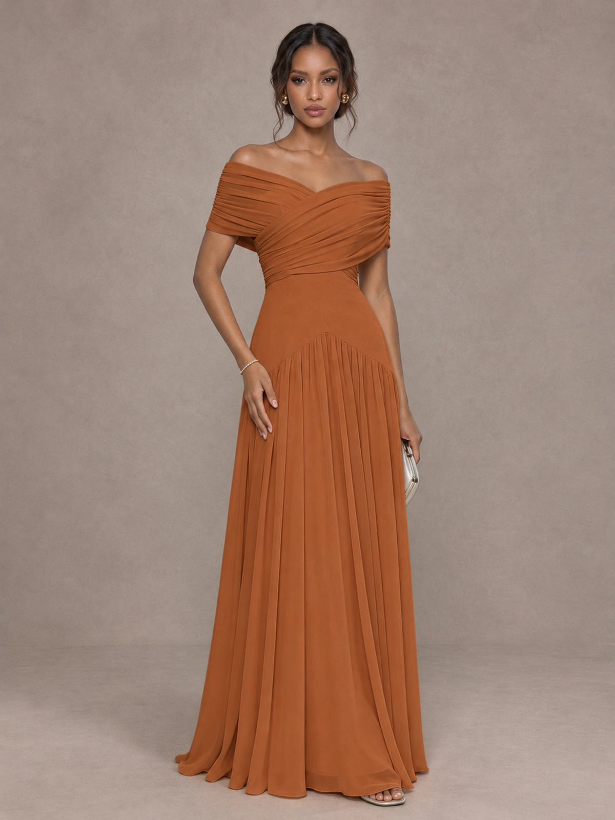 BOLODOO Burnt Orange Off-Shoulder Ruched A-Line Bridesmaid Dress - Burnt Orange - Burnt Orange (1)
