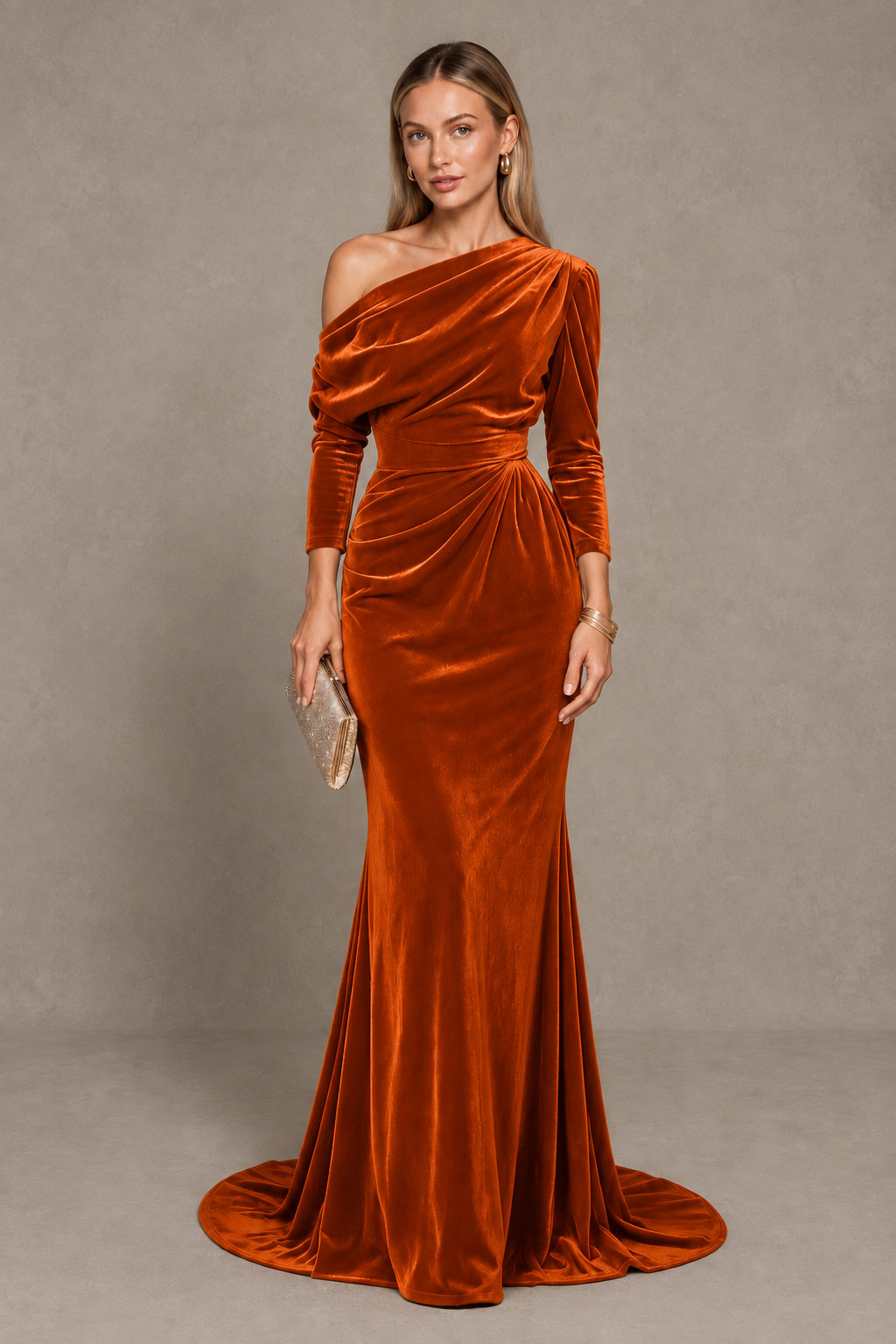 BOLODOO Burnt Orange Velvet One-Shoulder Long Sleeve Evening Gown - Burnt Orange