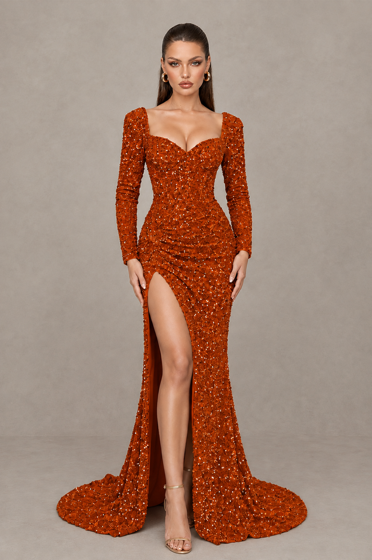 BOLODOO Burnt Orange Sequin Long Sleeve Evening Gown with High Slit - Burnt Orange - Burnt Orange (1)
