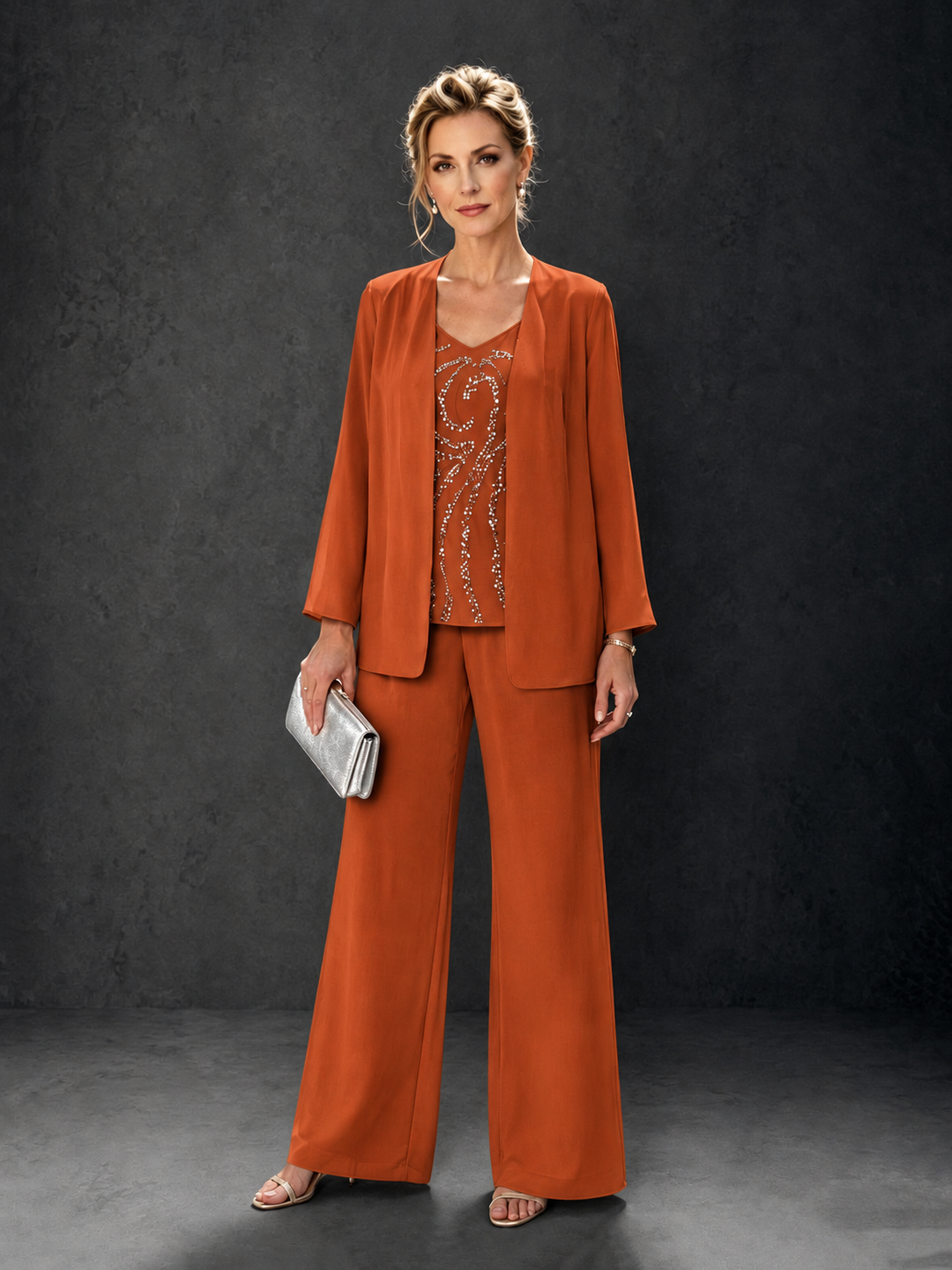 BOLODOO Burnt Orange 3-Piece Mother of the Bride Pant Suit with Beaded Top & Chiffon Jacket - Burnt Orange