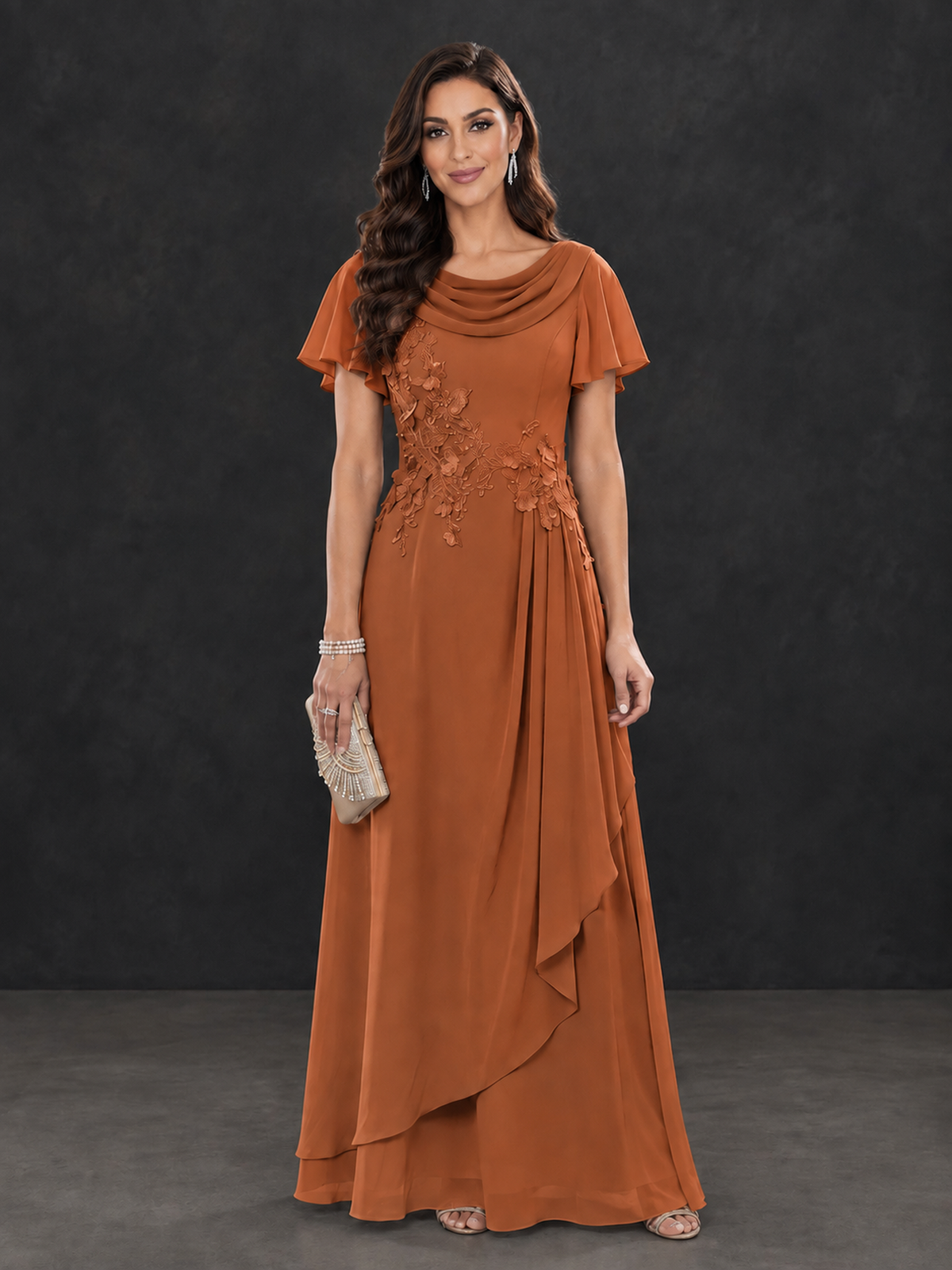 BOLODOO Burnt Orange Floral Flutter Sleeve Mother of the Bride Dress - Burnt Orange