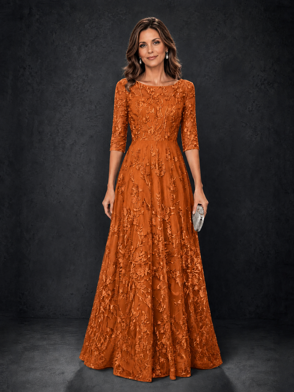BOLODOO Wisteria Burnt Orange Illusion Bateau Neck 3/4 Sleeve Floral Lace A-Line Mother of the Bride Dress MX007 - Burnt Orange