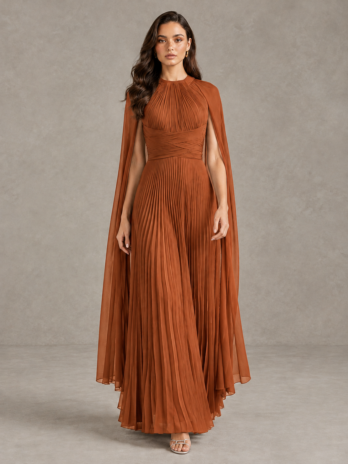 BOLODOO Burnt Orange Pleated Cape Maxi Wedding Guest Dress - Burnt Orange - Burnt Orange (1)