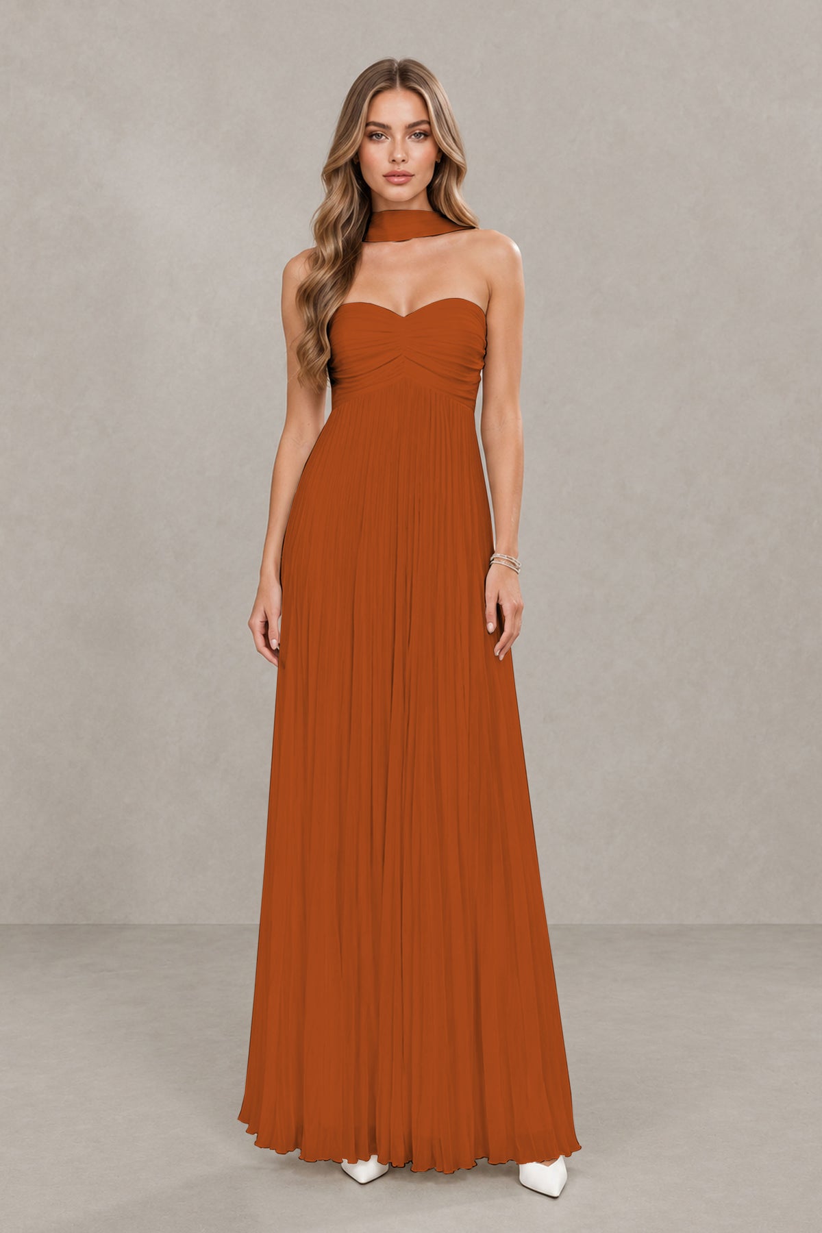 BOLODOO Burnt Orange Strapless Chiffon-Look Maxi Dress with Lace-Up Back & Cape - Burnt Orange