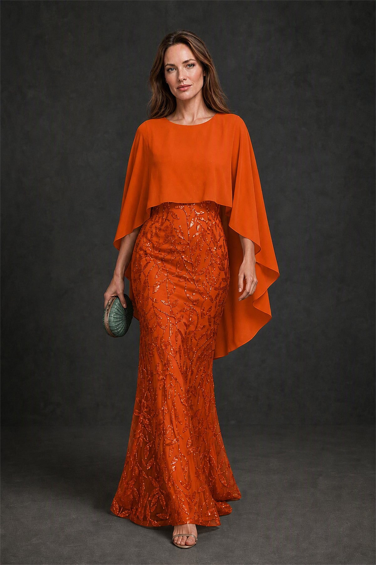 BOLODOO Burnt Orange Round Neck Chiffon Cape Overlay Sequin Lace Mermaid Maxi Dress - Burnt Orange