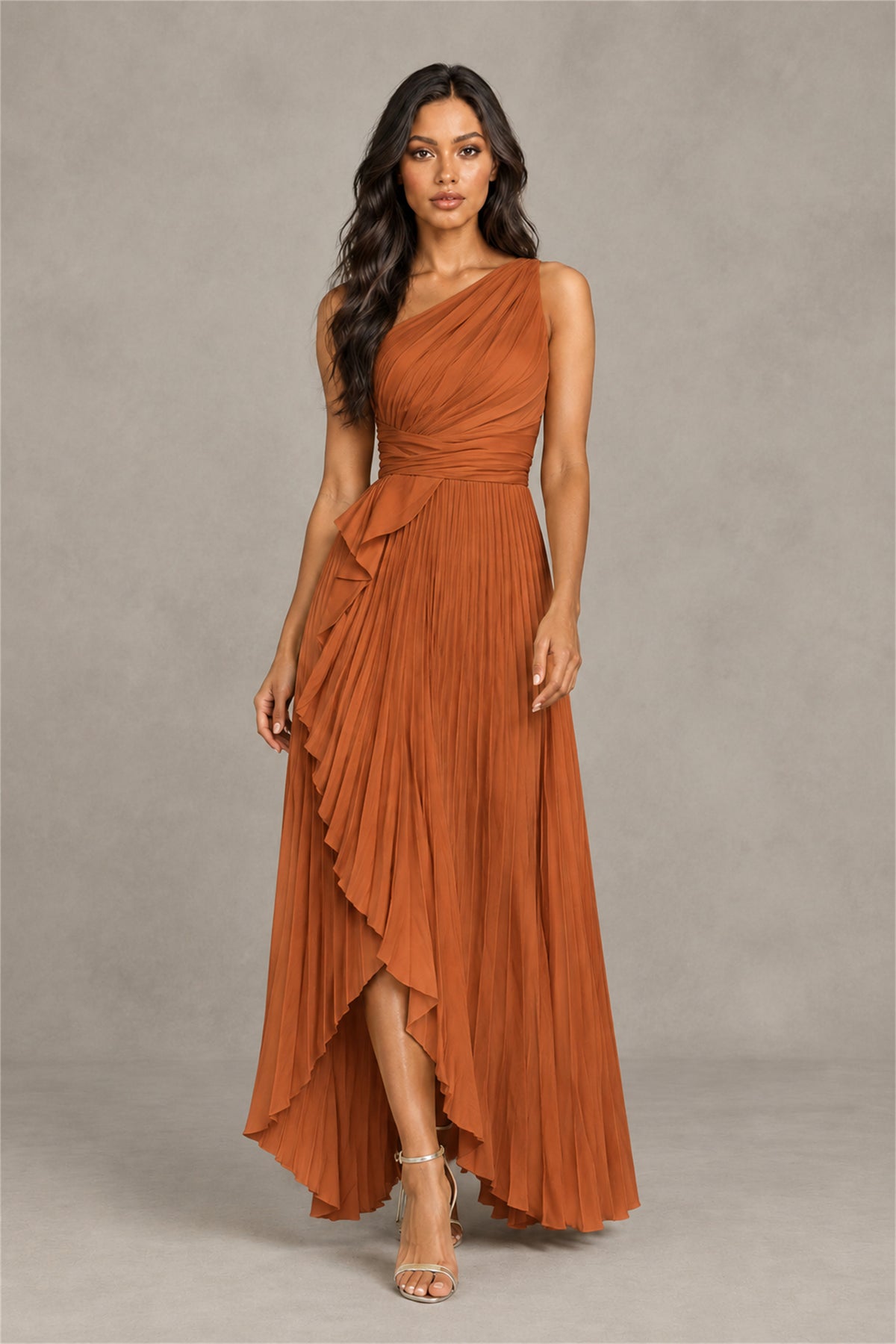 BOLODOO Burnt Orange One-Shoulder High-Low Ruffle Maxi Dress - Burnt Orange
