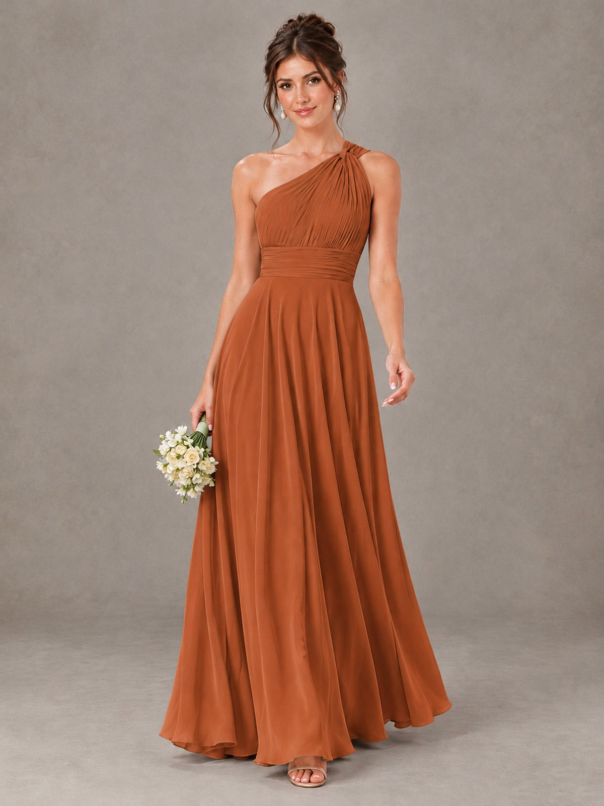 BOLODOO Burnt Orange One-Shoulder Chiffon-Look Bridesmaid Dress - Burnt Orange - Burnt Orange (1)
