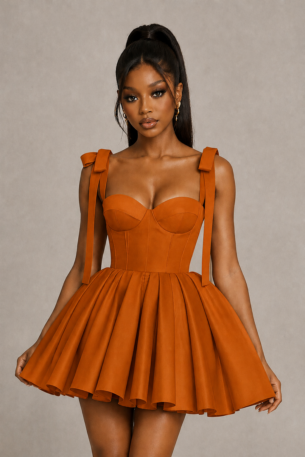 BOLODOO Burnt Orange Satin Sweetheart Corset Bow Strap Lace-Up Open Back Full Skirt Mini Dress | Prom Cocktail Party Dress - Burnt Orange