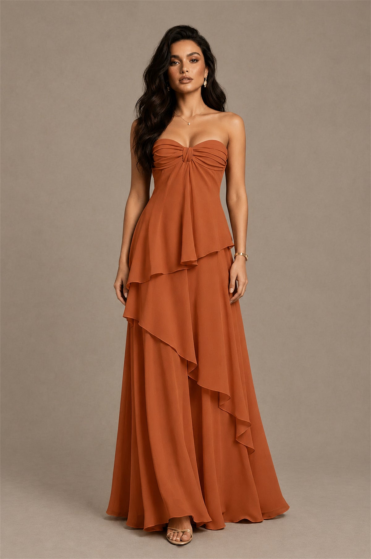 BOLODOO Burnt Orange Strapless Sweetheart Knotted Chiffon Tiered Maxi Dress with Lace-Up Back - Burnt Orange