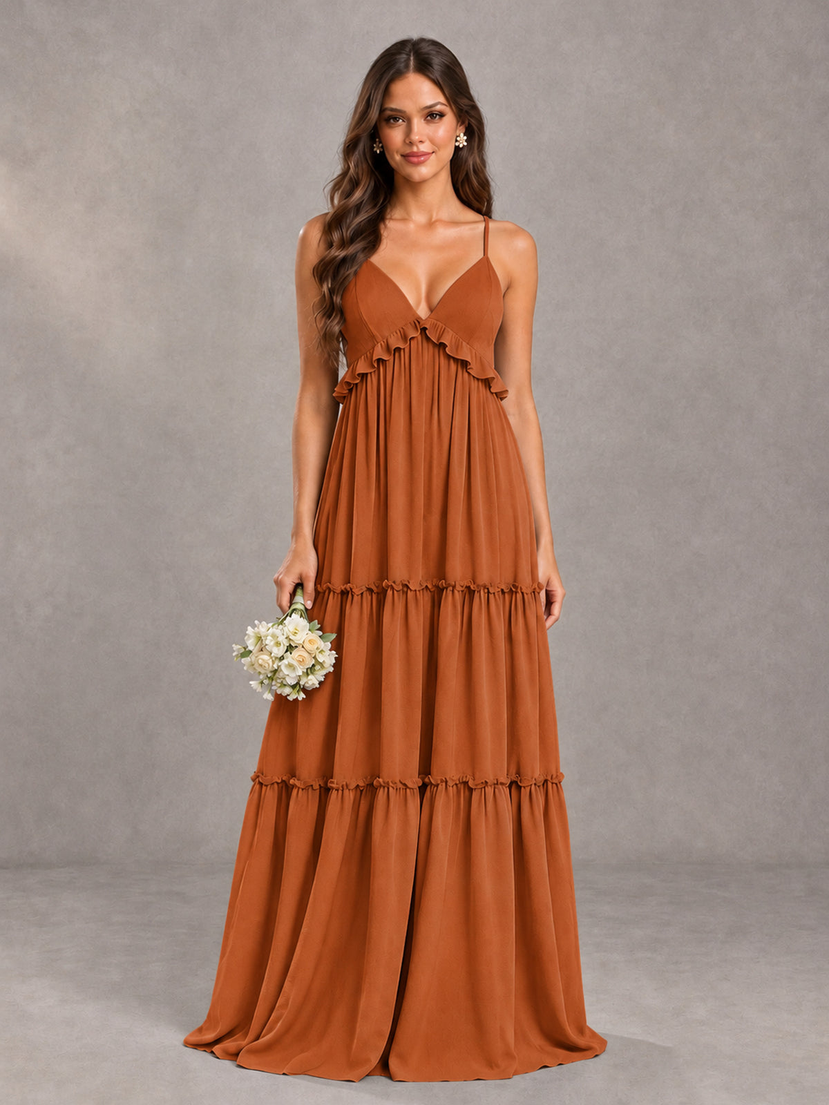 BOLODOO Burnt Orange Tiered V-Neck Lace-Up Back Bridesmaid Dress - Burnt Orange - Burnt Orange (1)