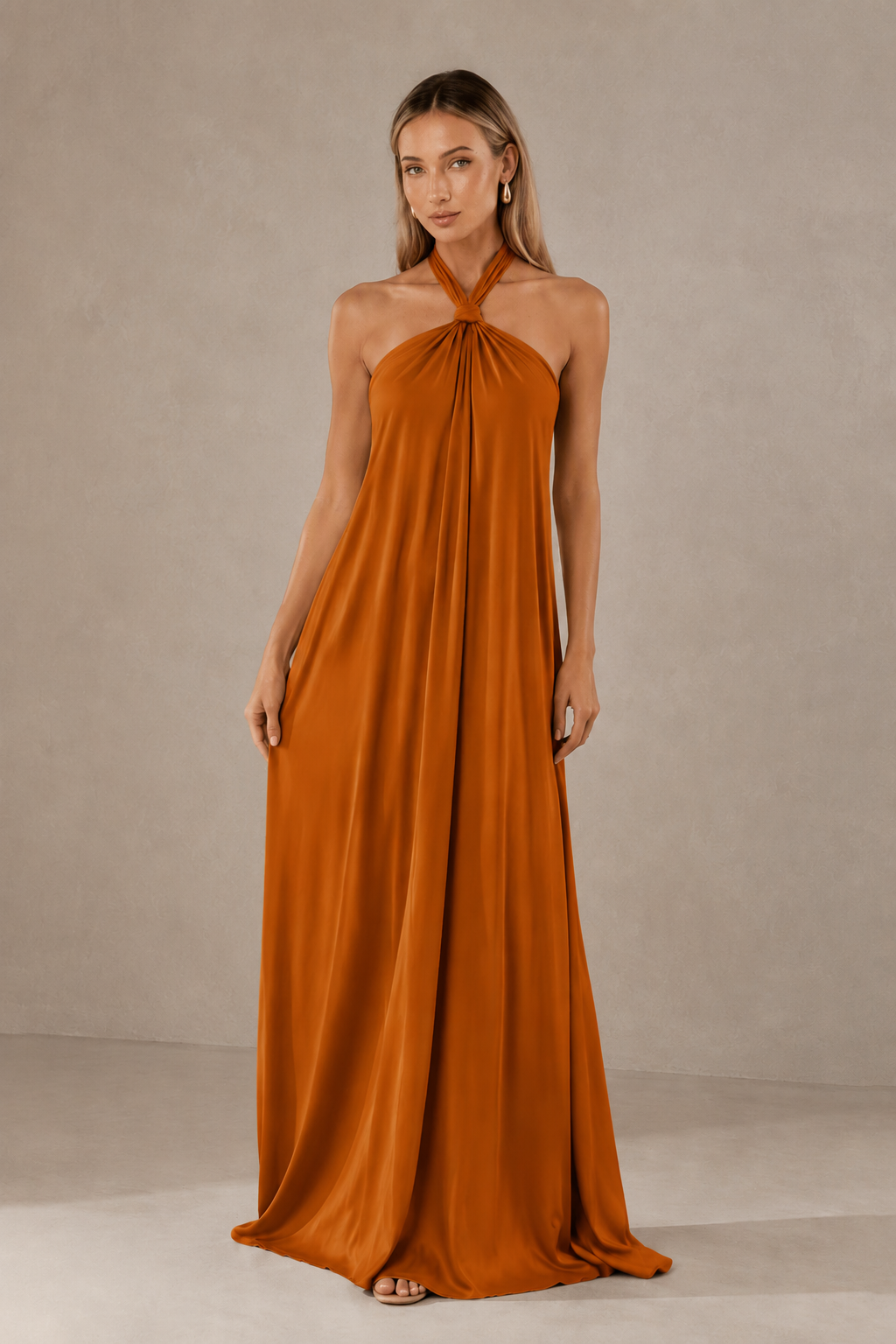 BOLODOO Burnt Orange Backless Halter Satin Bridesmaid Dress - Burnt Orange
