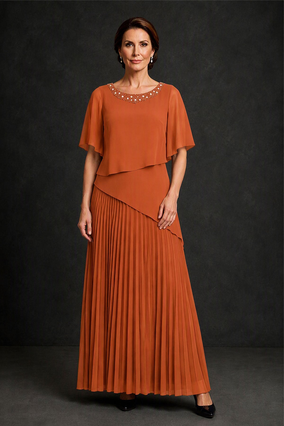 BOLODOO Burnt Orange Pearl Beaded Neck Asymmetric Tiered Flutter Sleeve Pleated Chiffon Maxi Dress - Burnt Orange