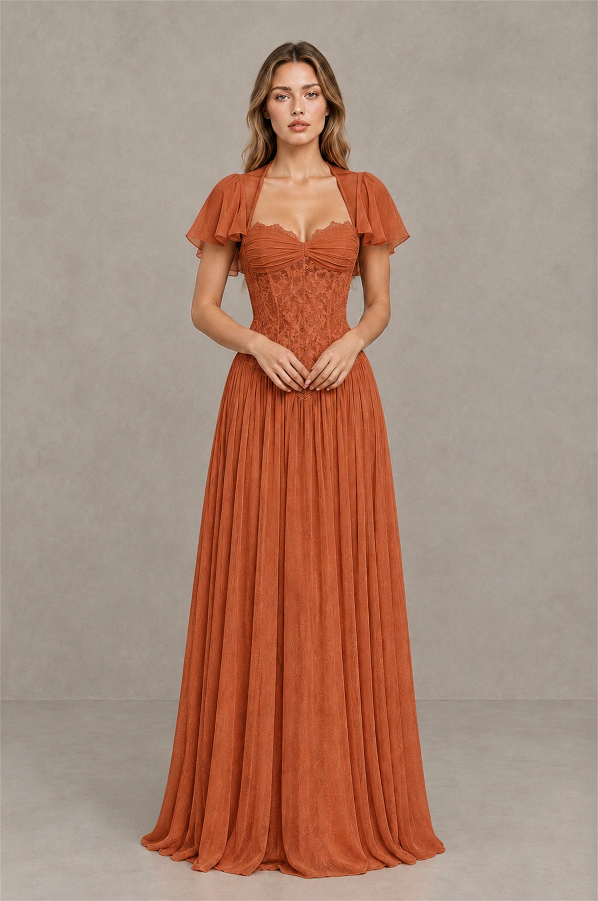 BOLODOO Burnt Orange Flutter Sleeve Lace Corset A-Line Maxi Dress - Burnt Orange - Burnt Orange (1)