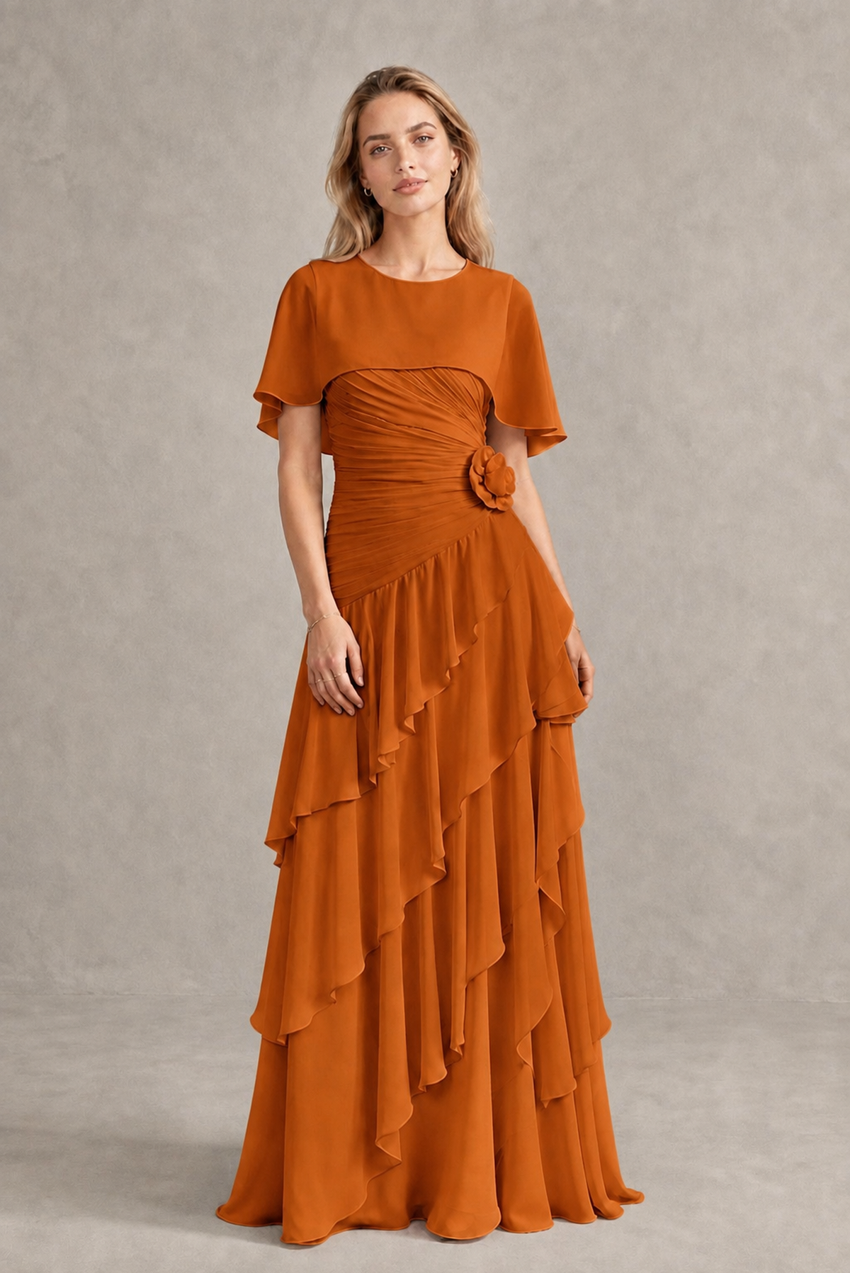 BOLODOO Burnt Orange Chiffon Flutter Sleeve Tiered Maxi Dress with 3D Rosette - Burnt Orange