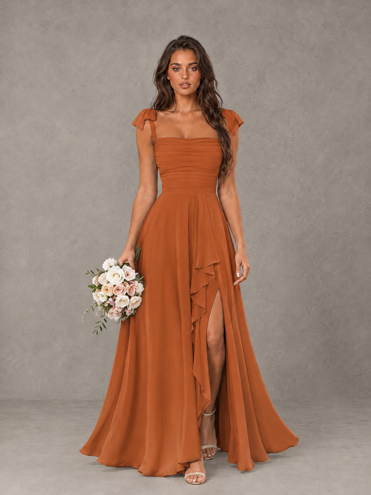 BOLODOO Burnt Orange Bow-Strap Bridesmaid Dress with Ruffle Slit - Burnt Orange - Burnt Orange (1)